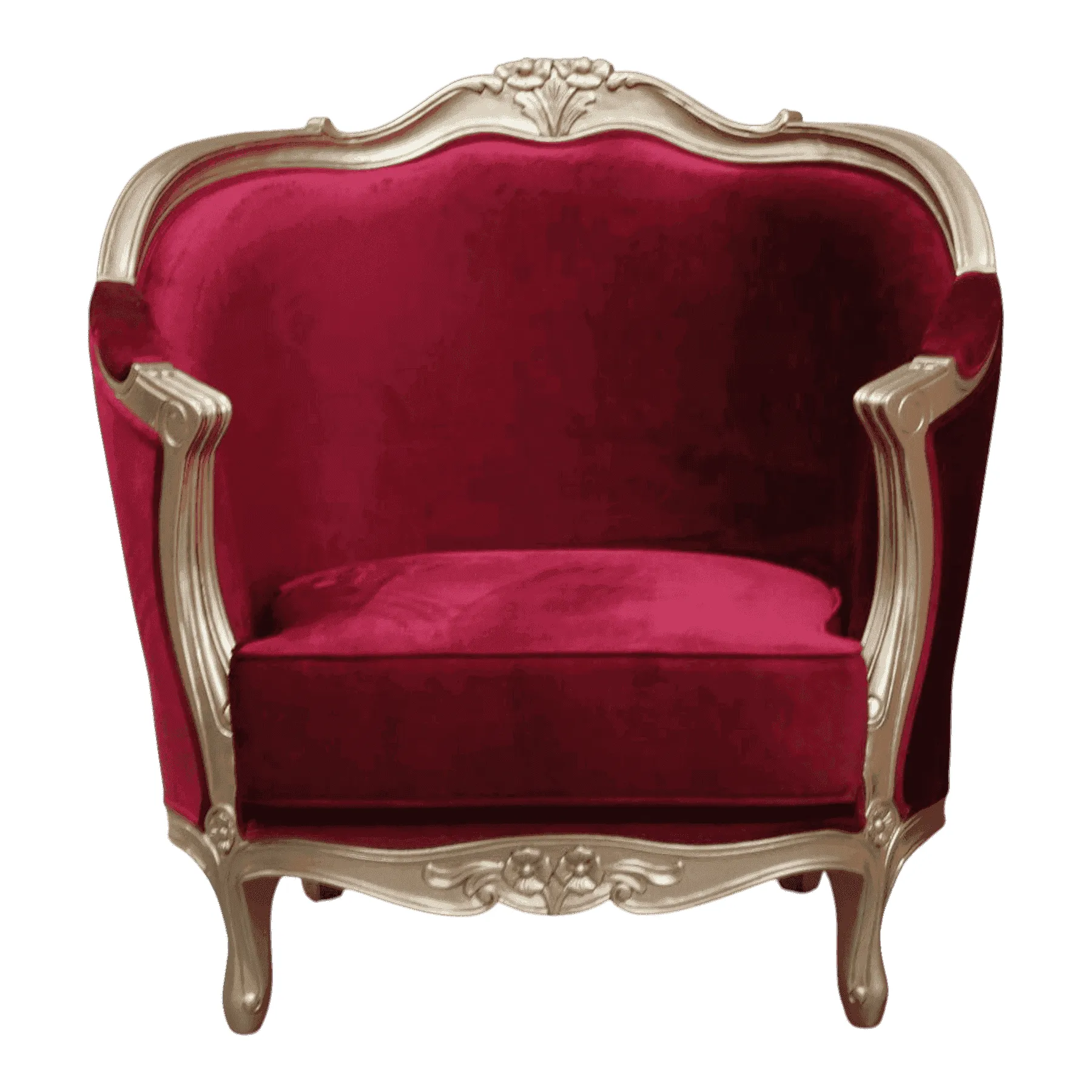 Red velvet armchair with ornate wooden frame