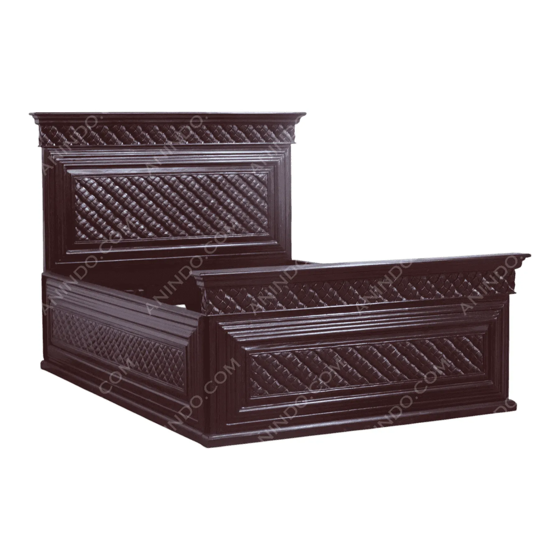 Dark wood king bed with carved design
