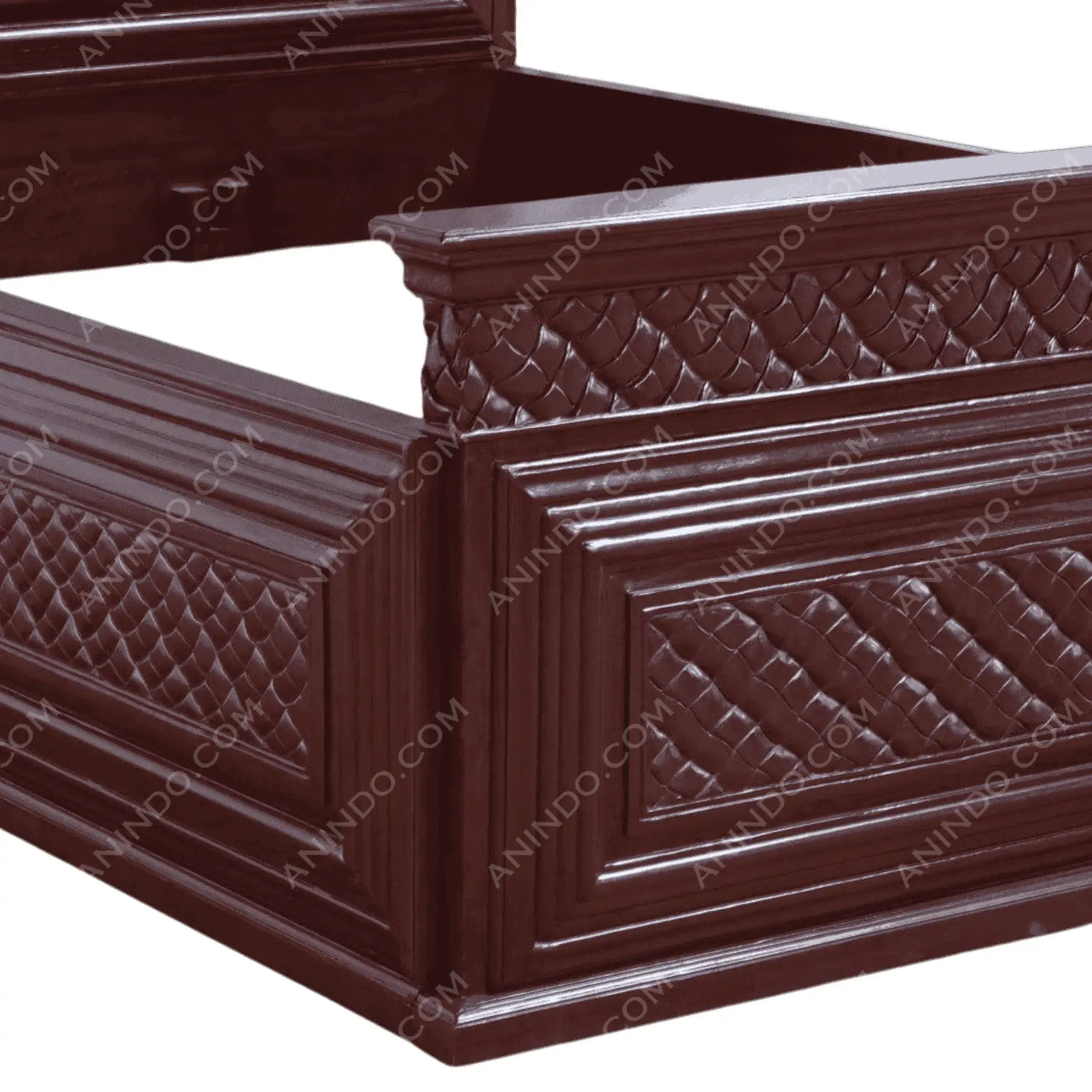 Dark wood carved bed frame corner detail