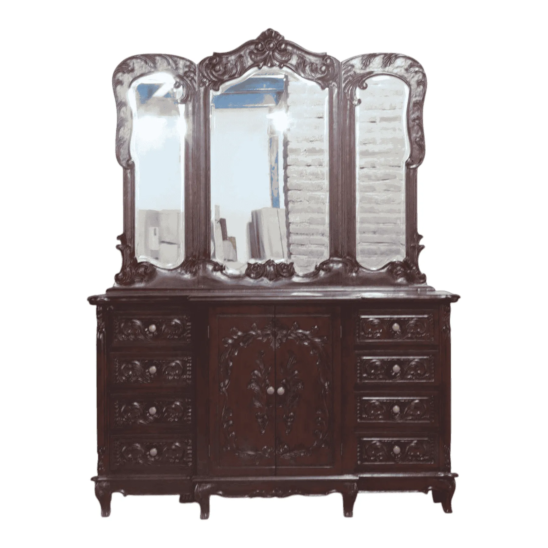 Antique wooden dresser with ornate mirrors