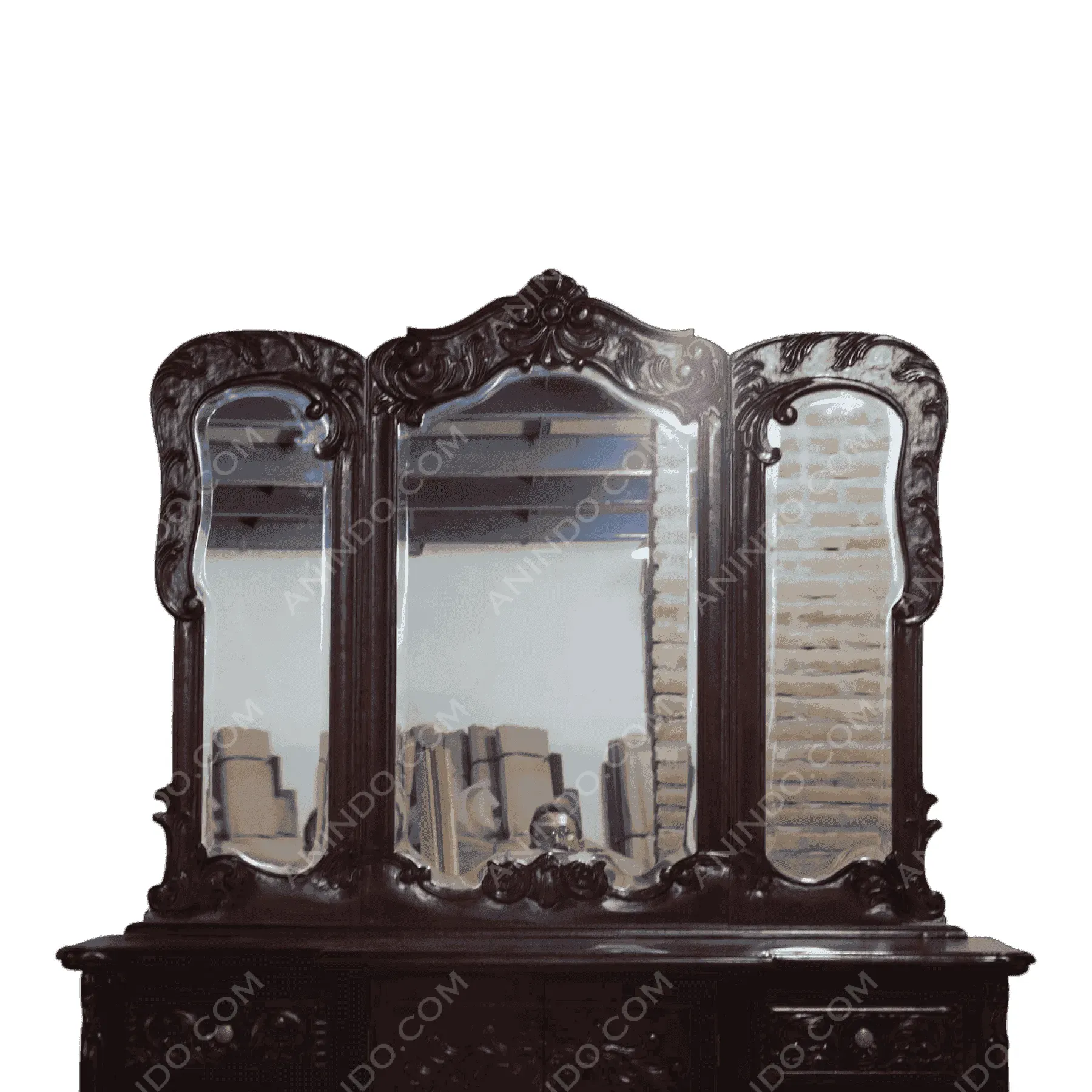 Antique wooden dresser with three ornate mirrors