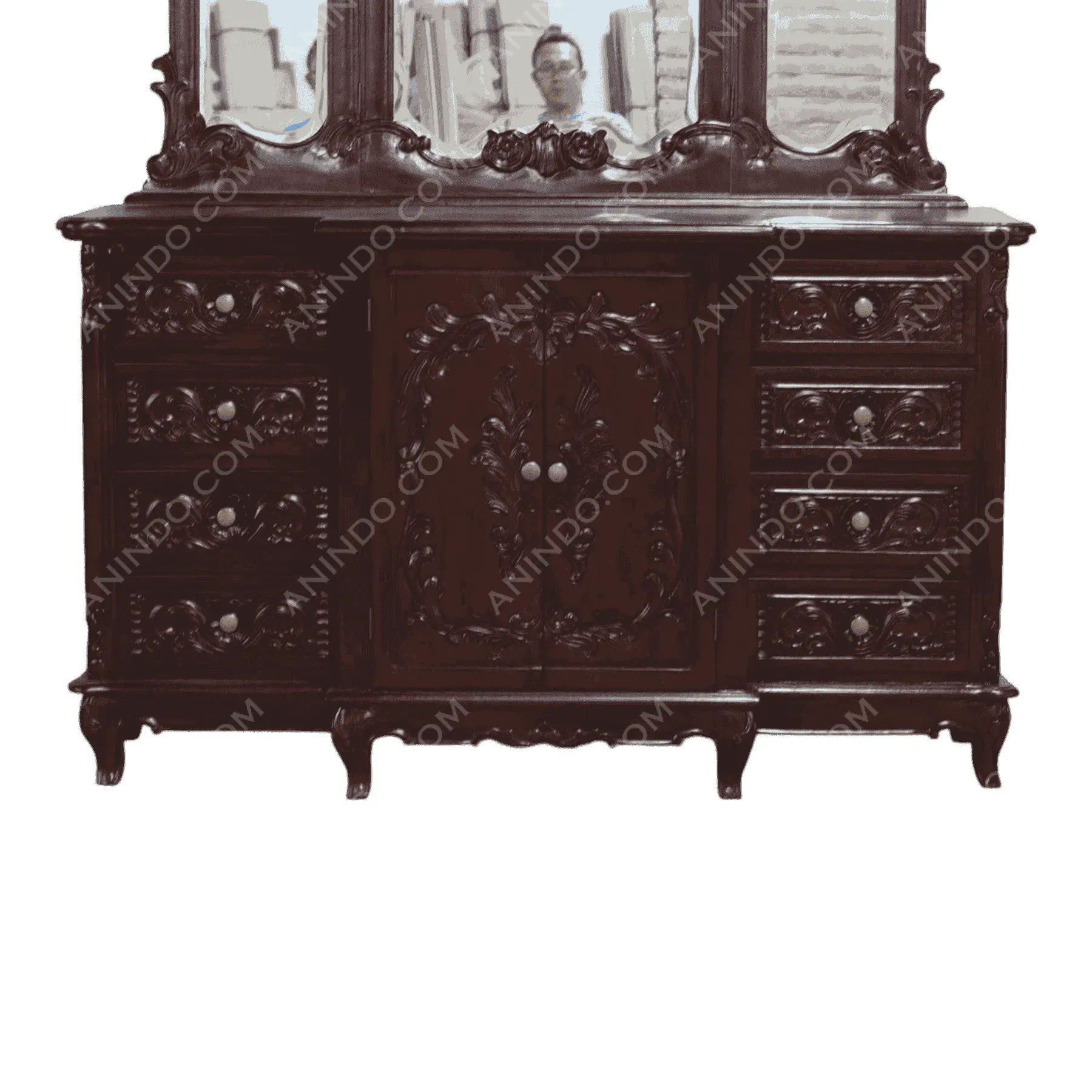 Antique wooden dresser with ornate mirror and drawers