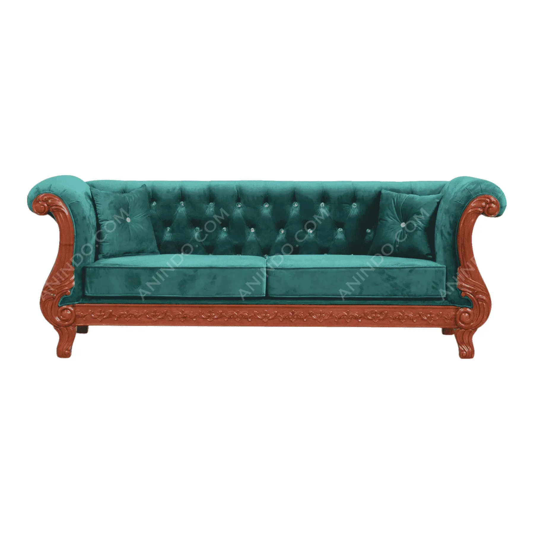 Teal velvet sofa with carved wooden frame