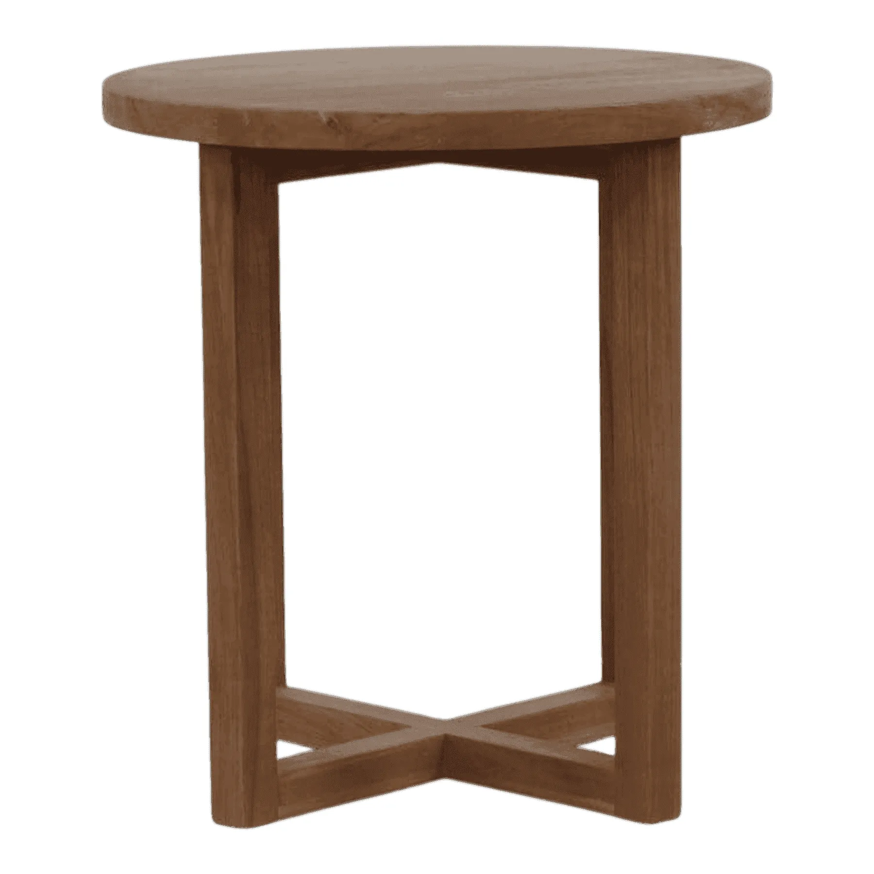 Round wooden side table with cross base