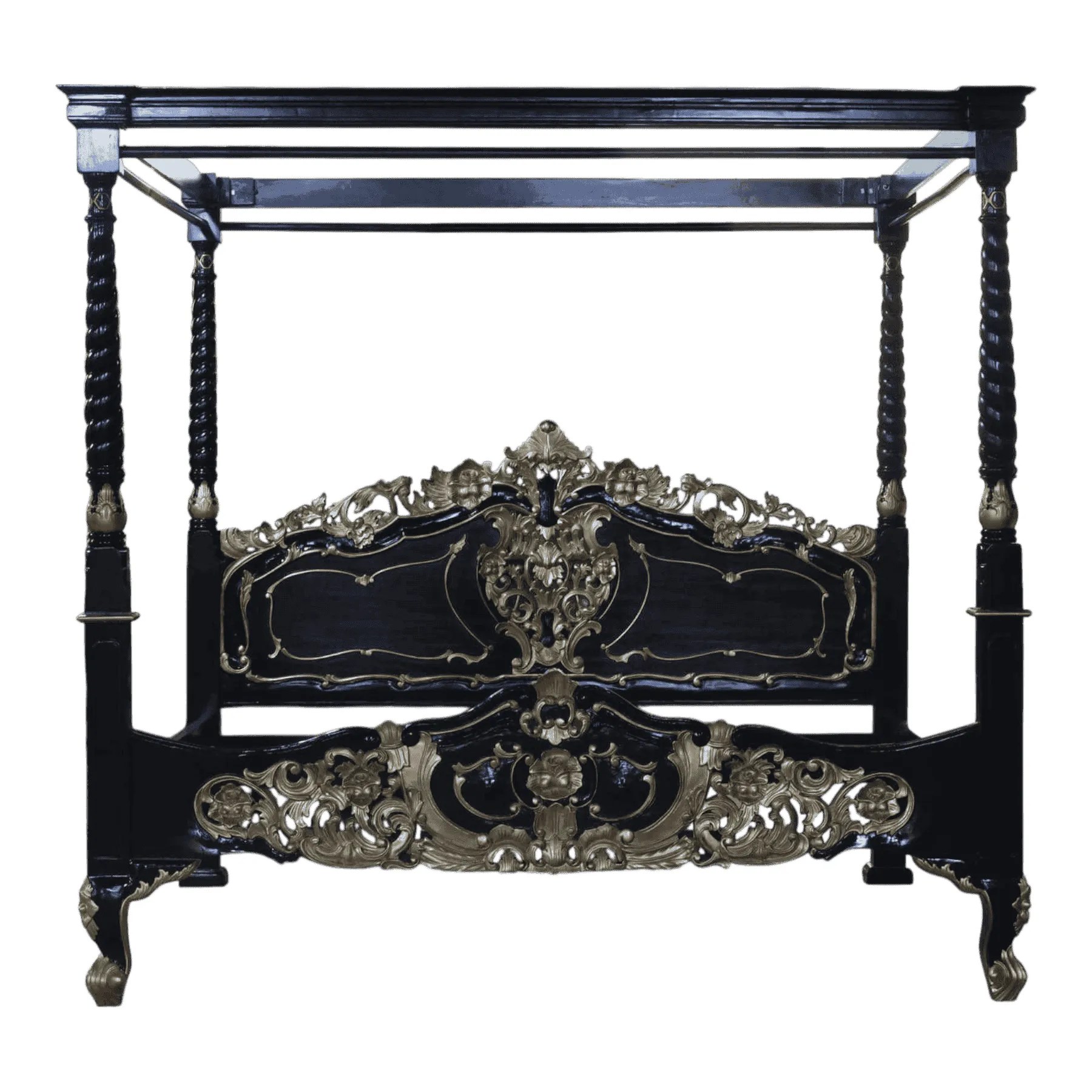 Ornate black and gold four-poster bed frame