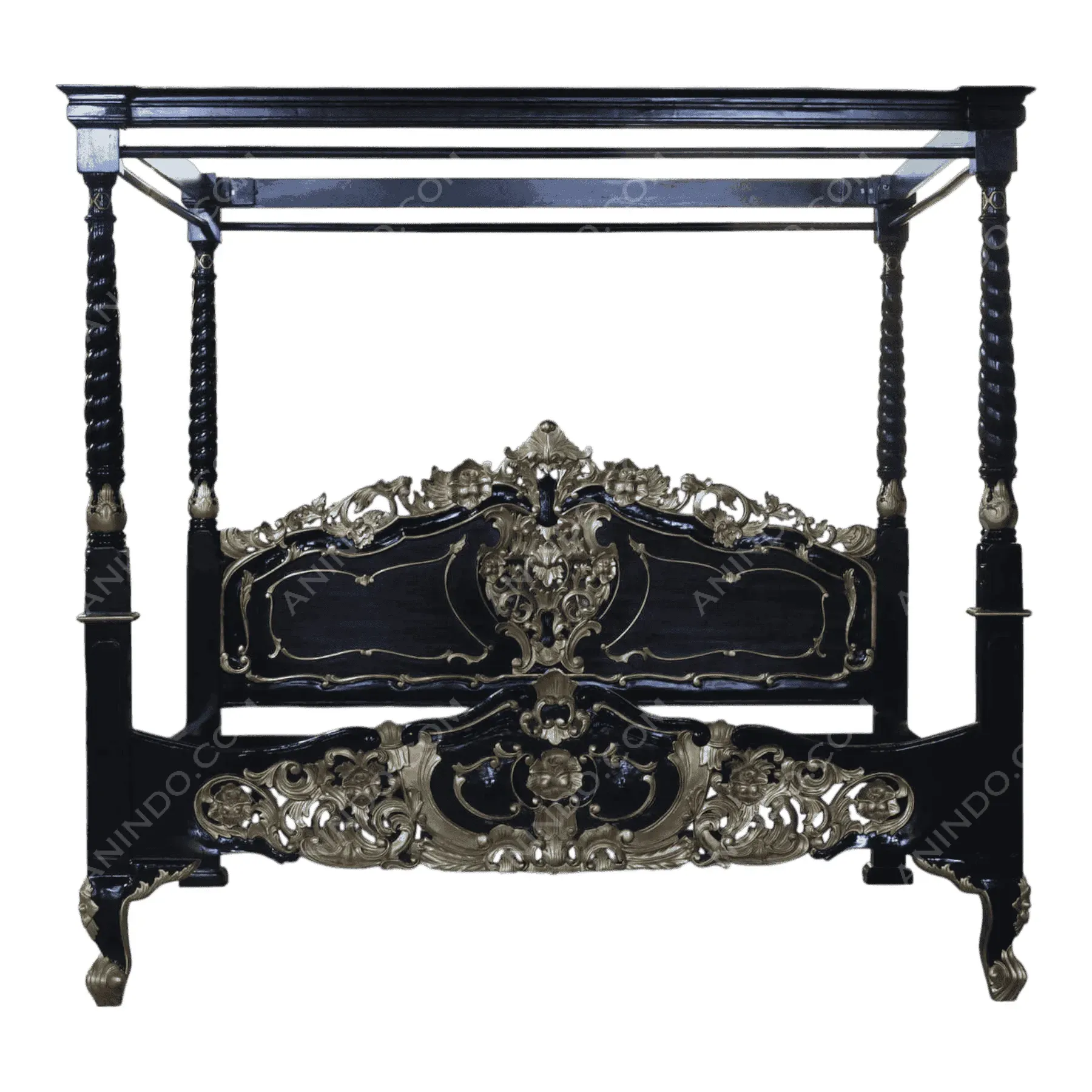 Ornate black and gold four-poster bed frame