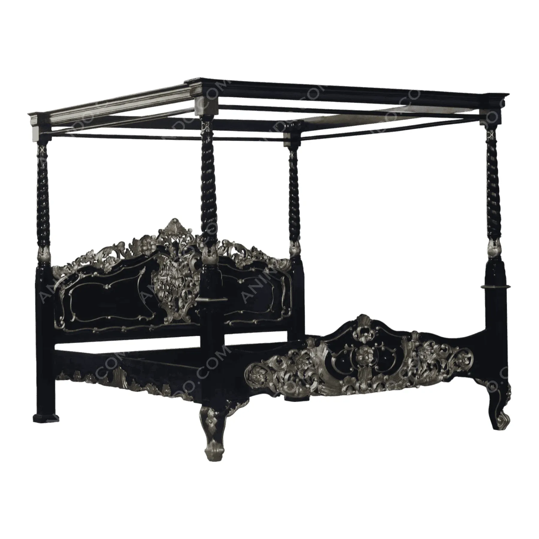 Ornate black and silver canopy bed frame