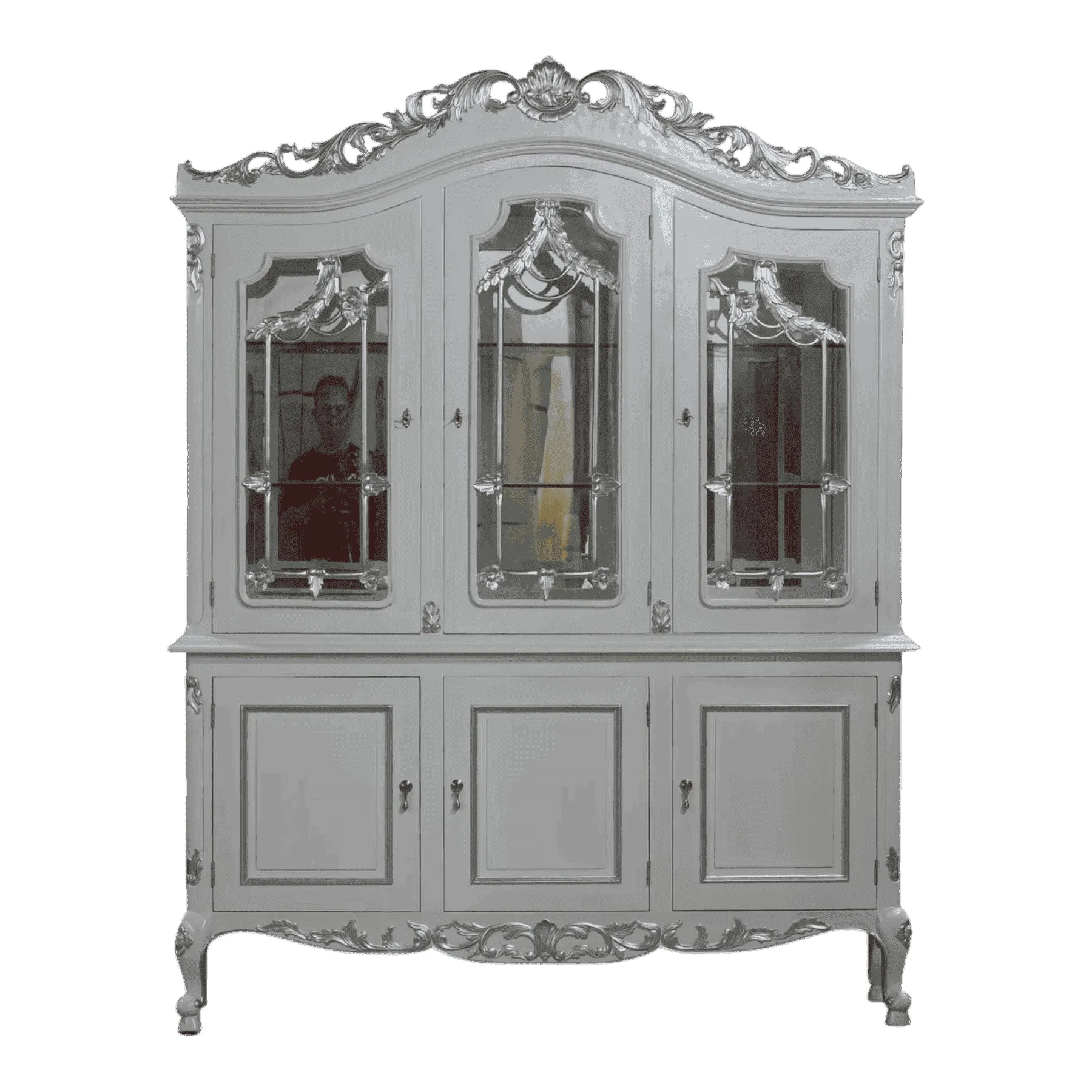Ornate gray vintage wooden cabinet with mirrored doors