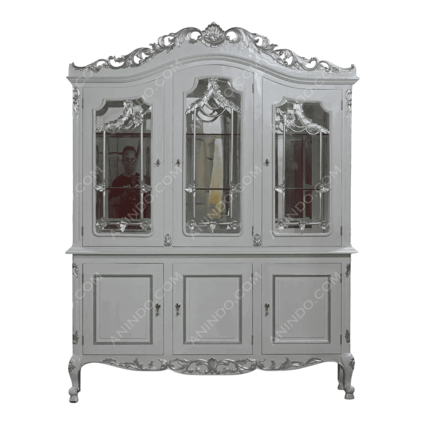 Ornate gray vintage wooden cabinet with mirrored doors