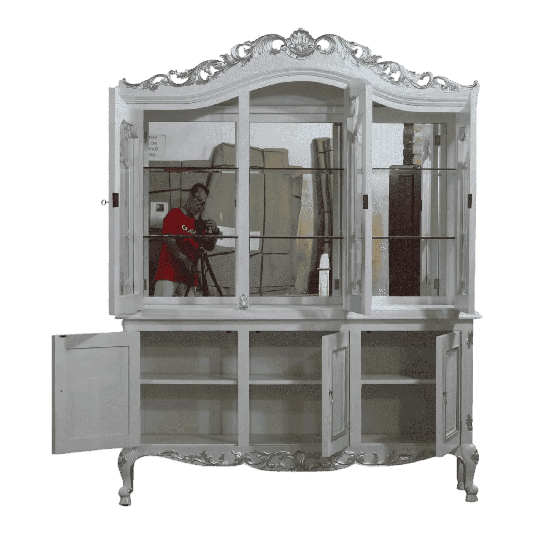 Elegant white vintage glass display cabinet