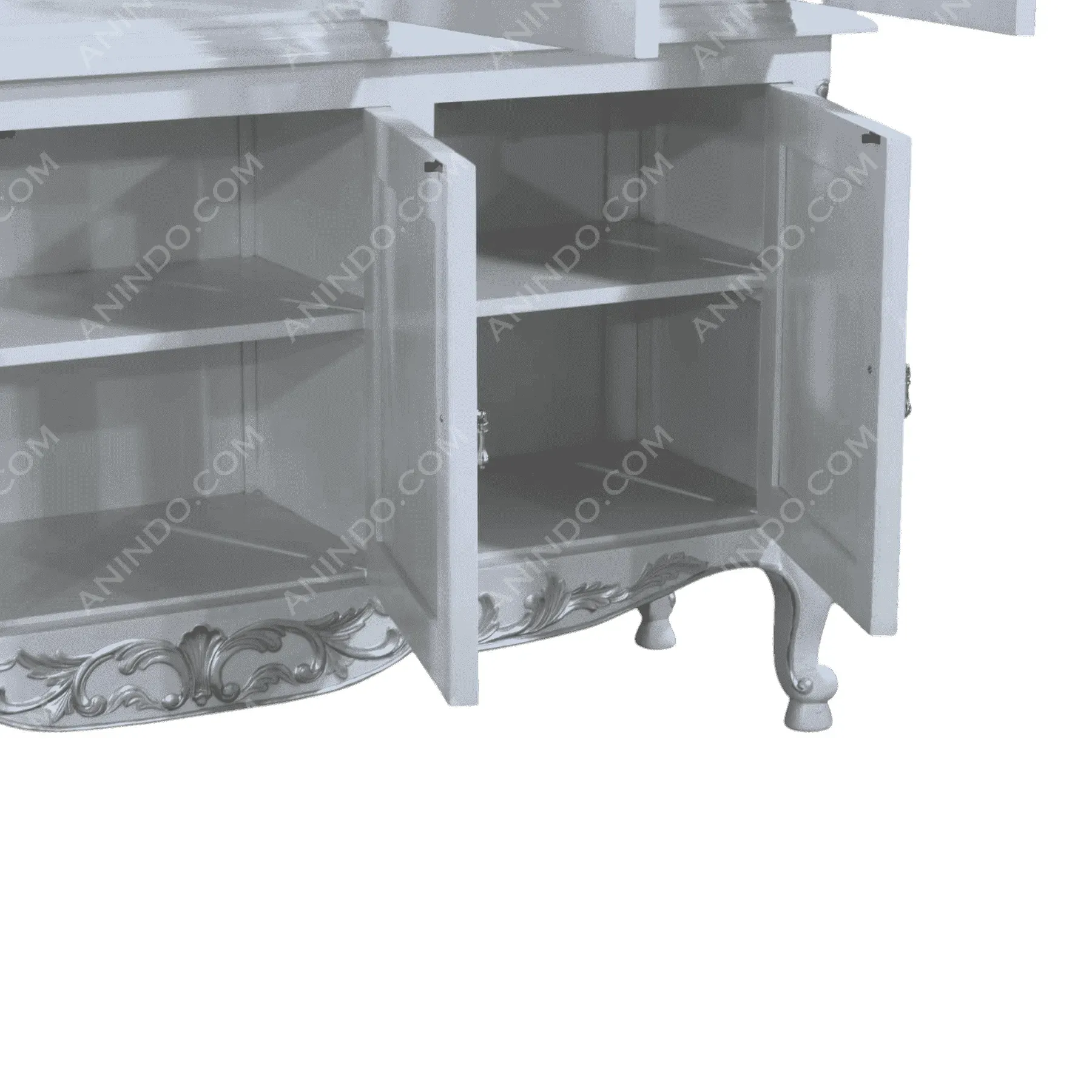 White ornate cabinet with open doors and shelves