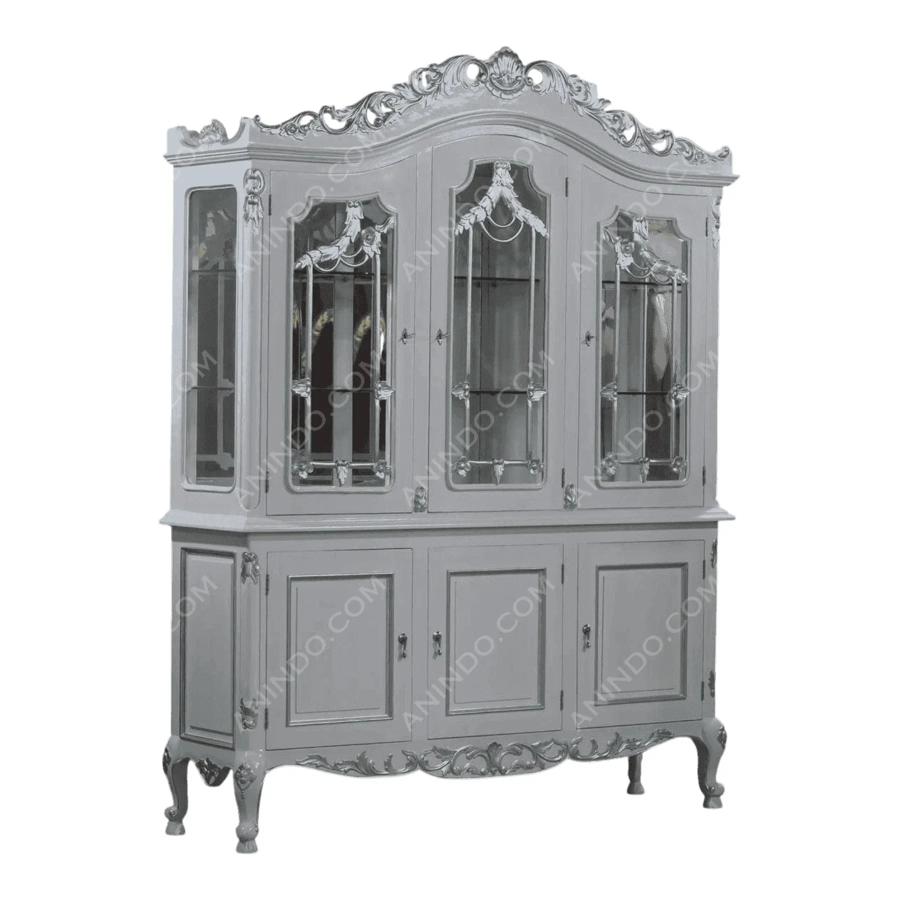 Elegant gray vintage display cabinet with glass doors