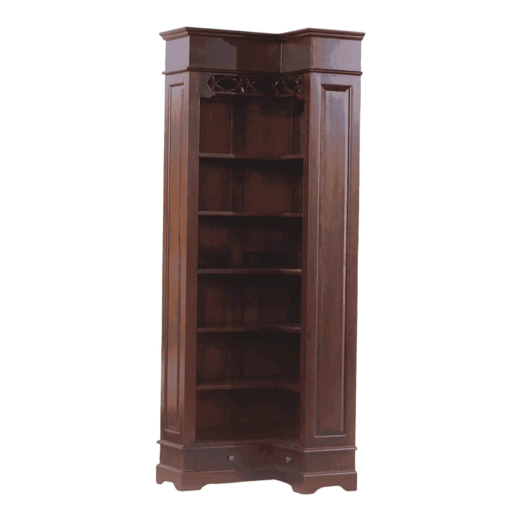 Wooden corner bookshelf with multiple shelves