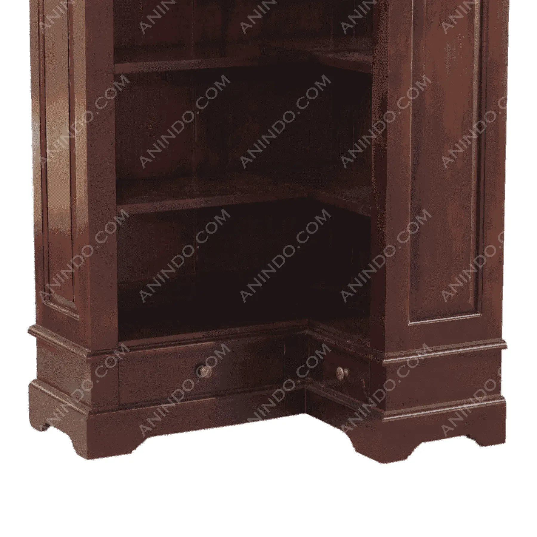 Wooden corner bookshelf with drawers