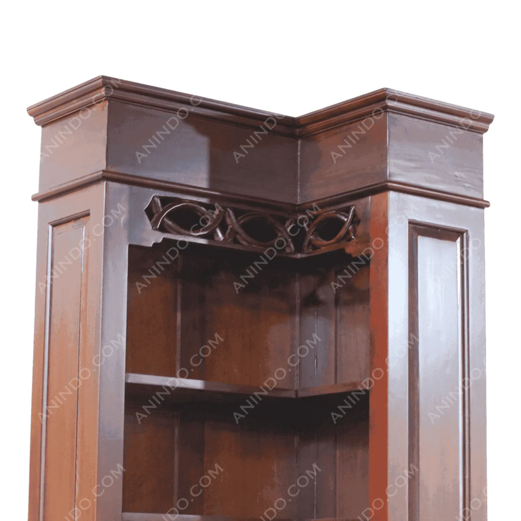 Dark wood corner shelf with carved trim