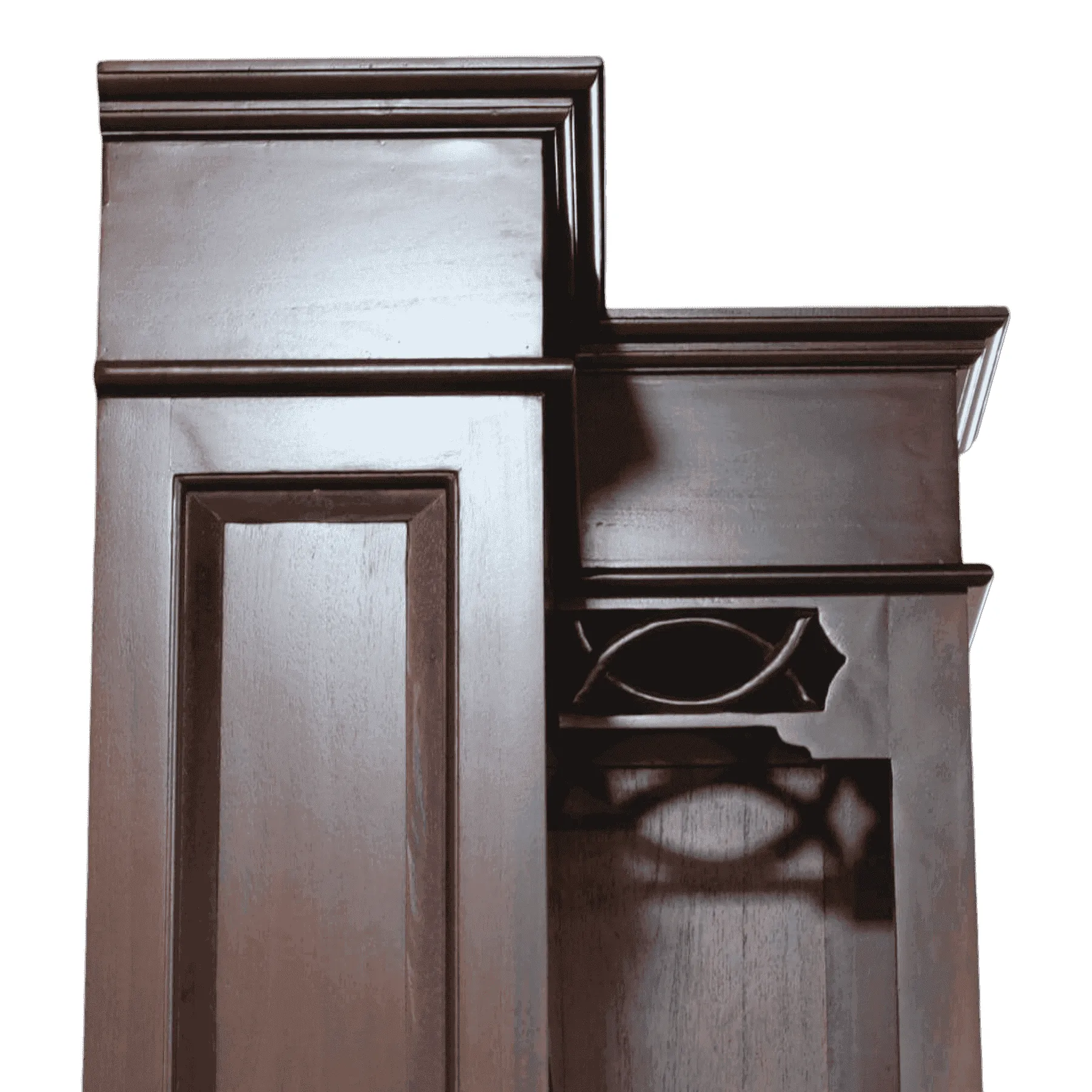 Dark wood kitchen cabinet crown molding detail