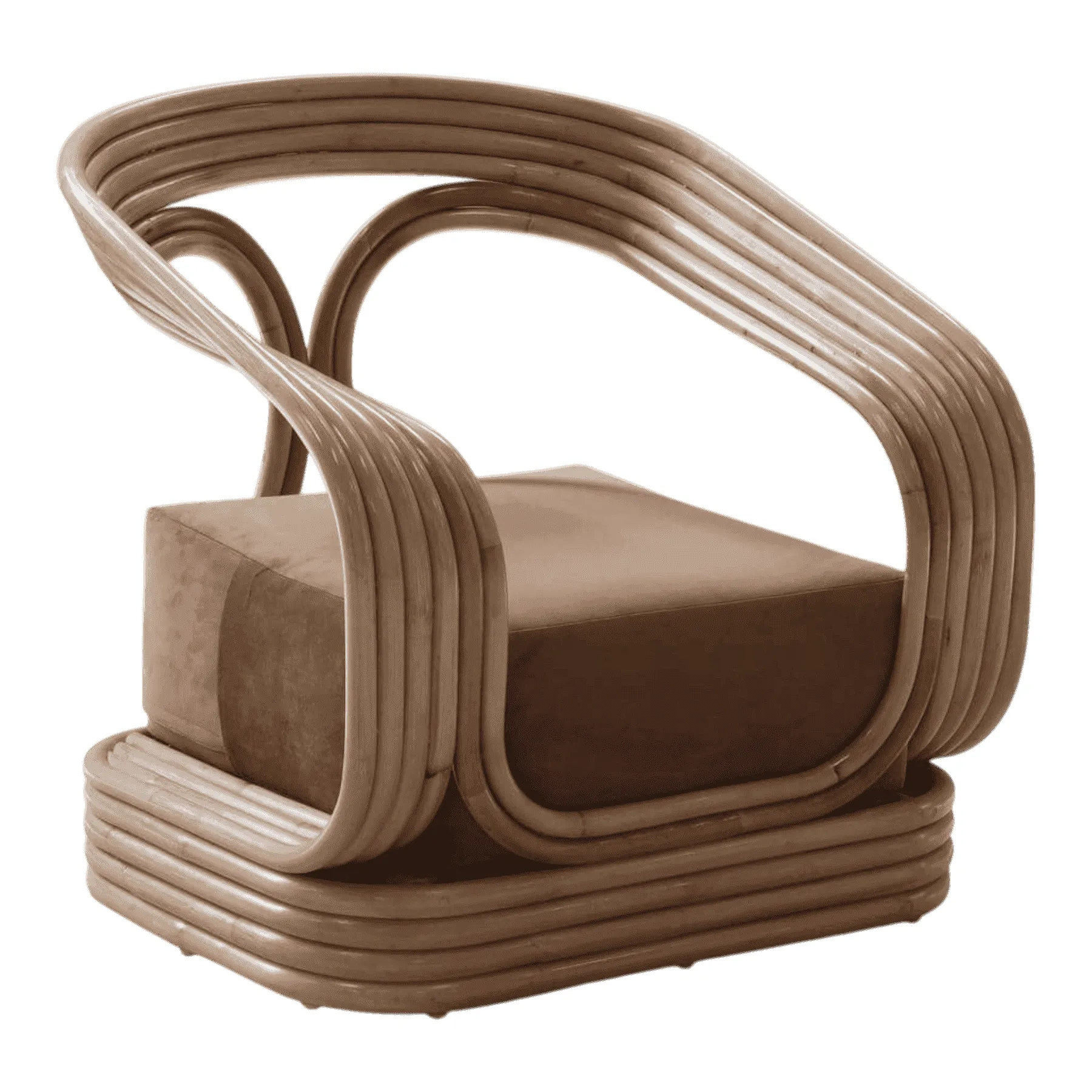 Modern rattan armchair with curved wooden frame