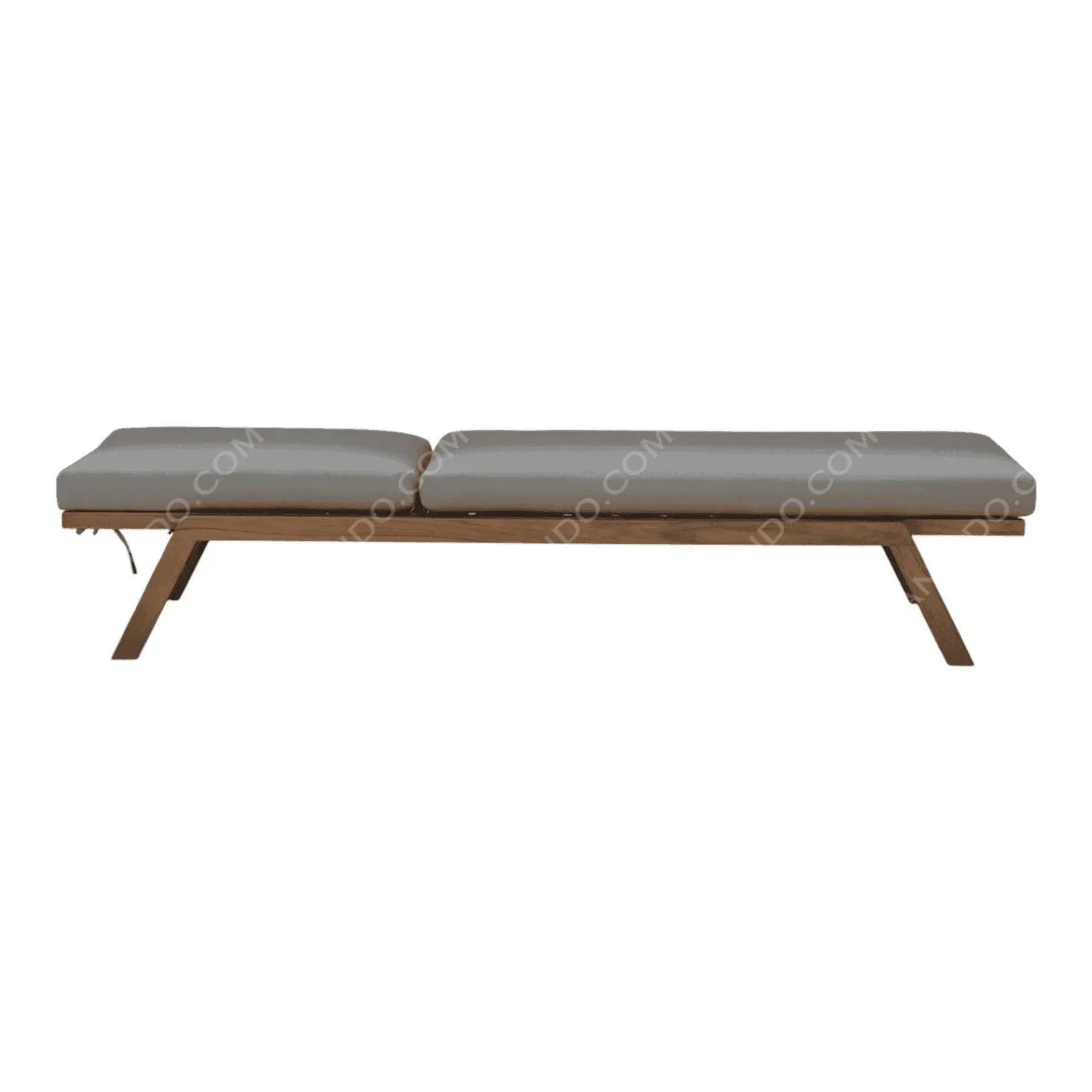 Modern wooden bench with gray cushions