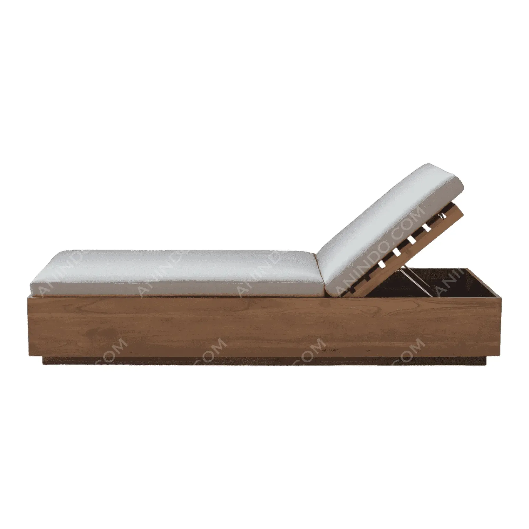 Wooden adjustable chaise lounge with white cushions