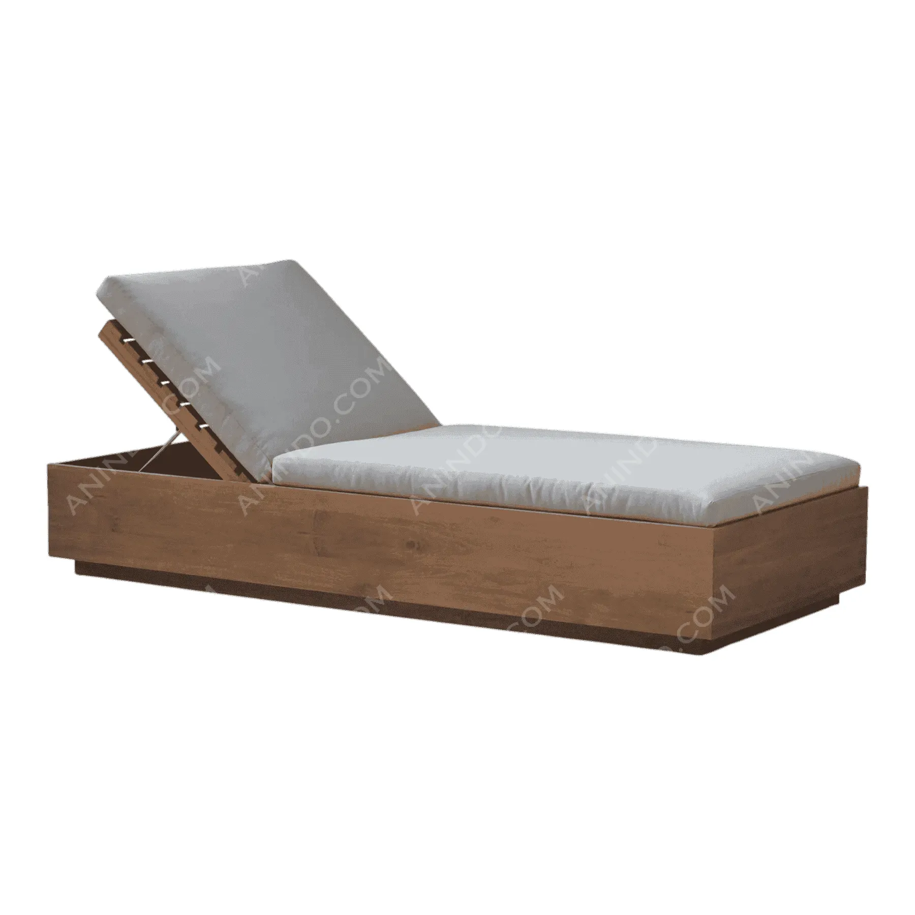 Wooden adjustable outdoor lounger with gray cushion
