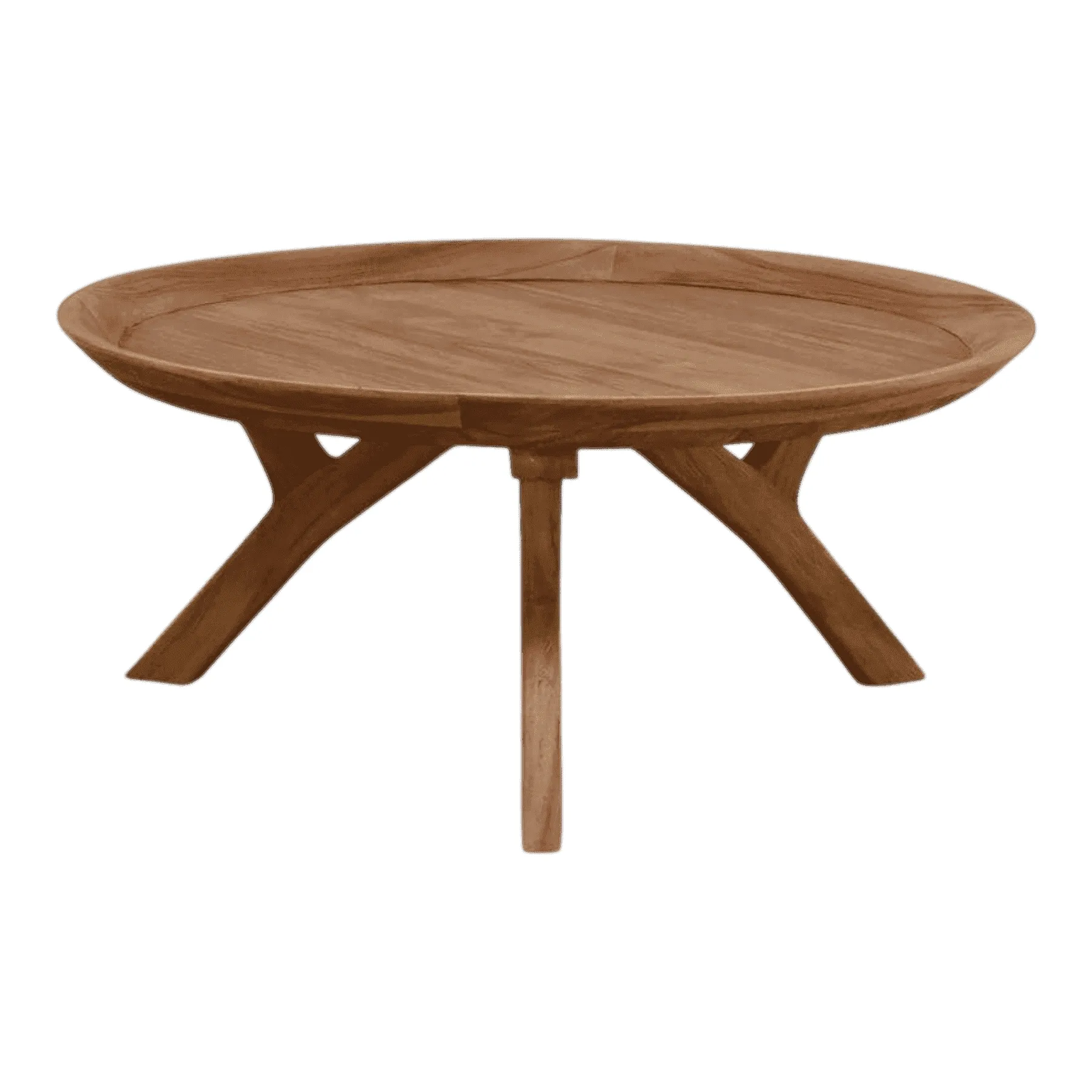 Round wooden coffee table with tripod legs