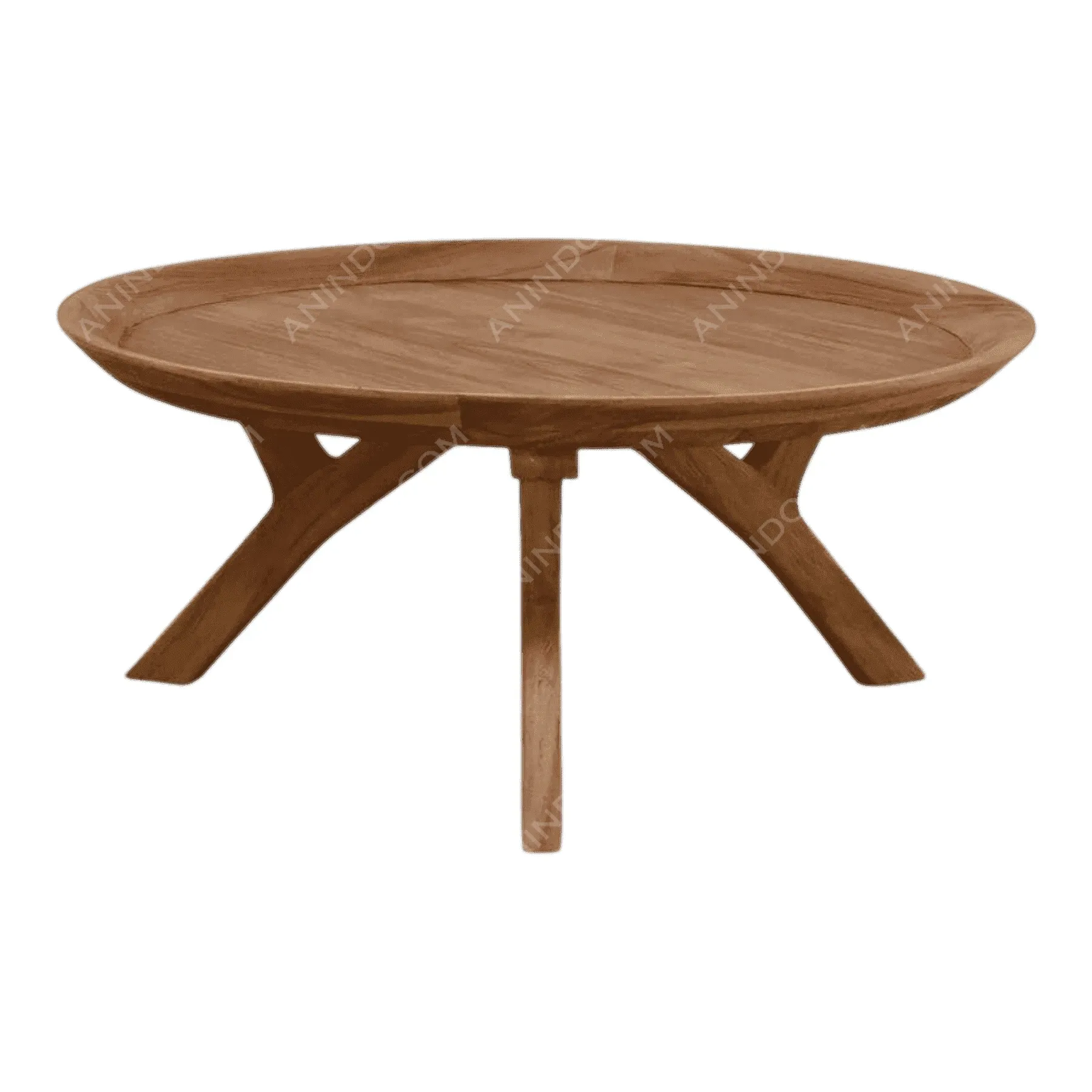 Round wooden coffee table with tripod legs