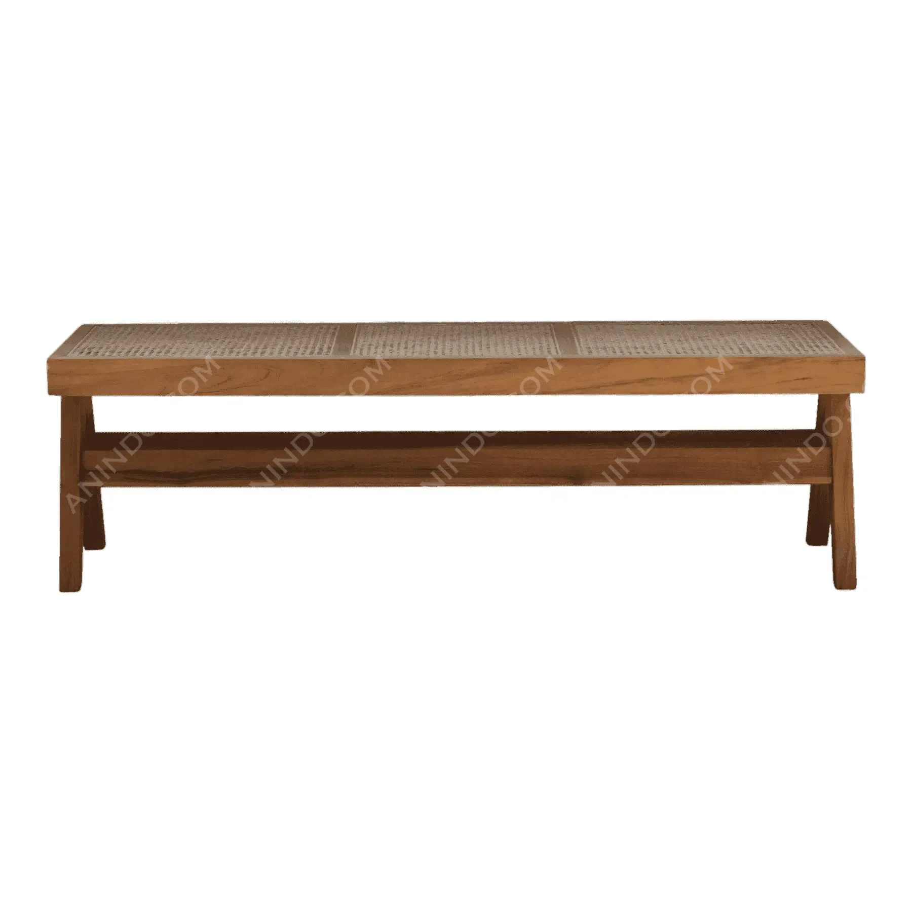 Wooden bench with woven rattan seat