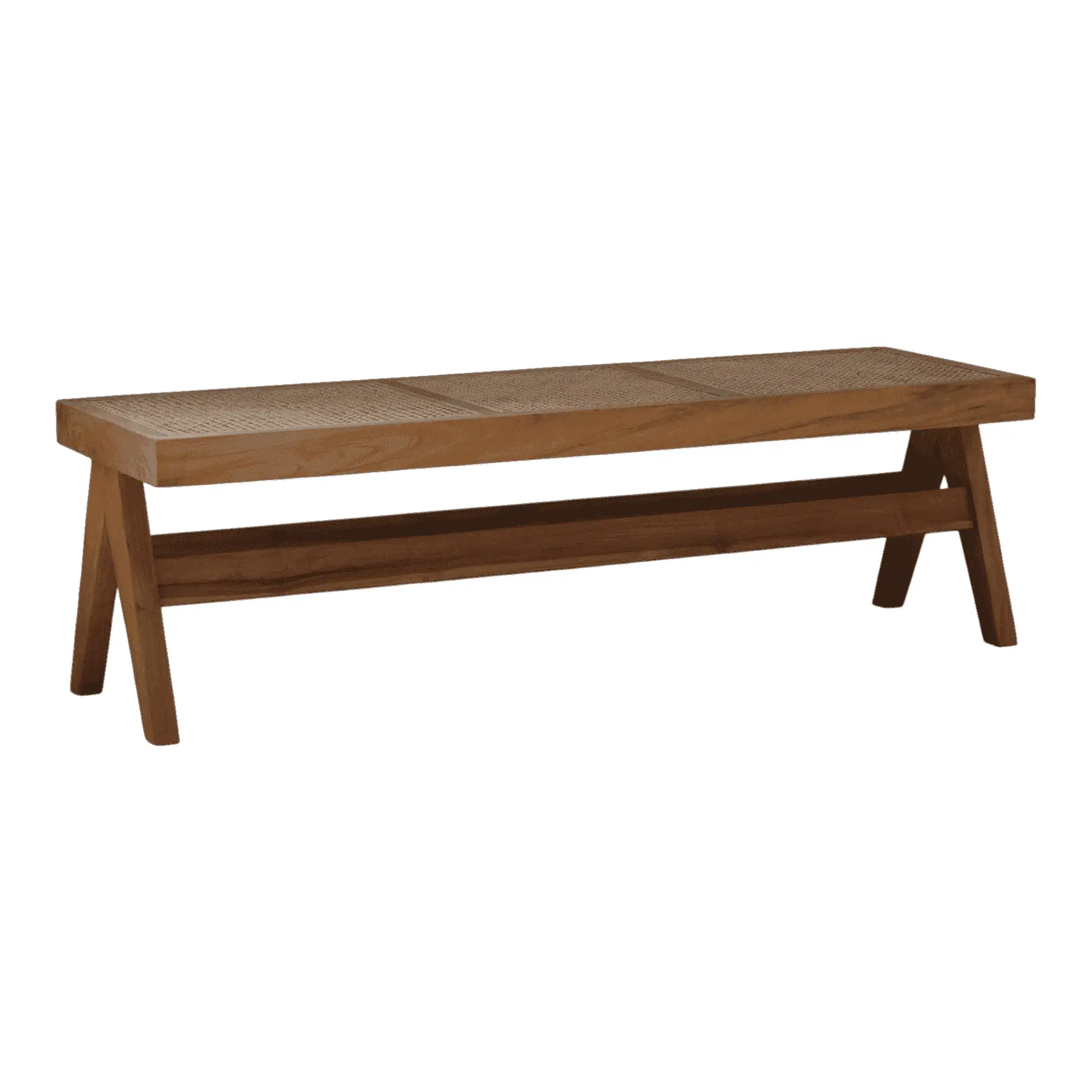 Wooden bench with woven seat design