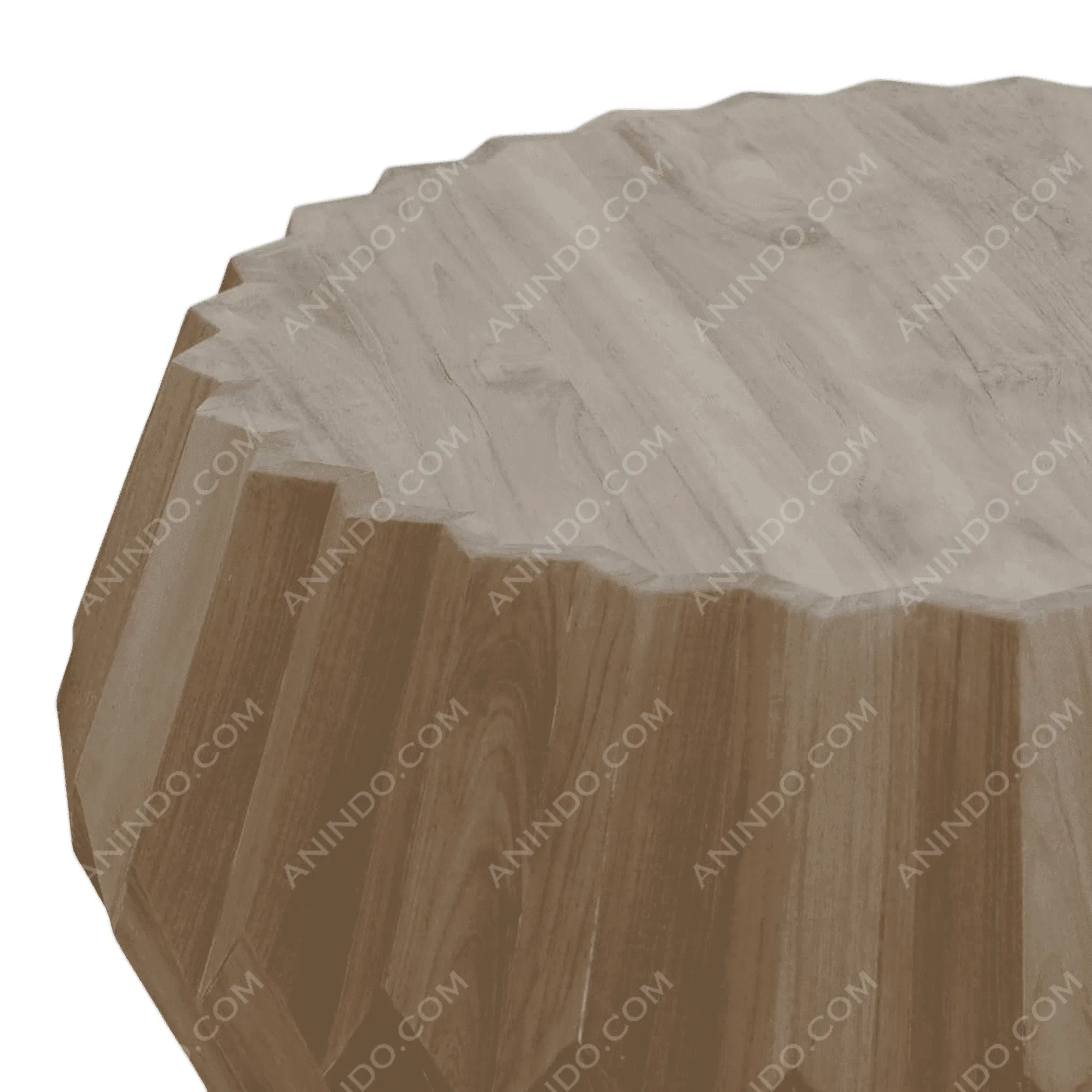 Round wooden coffee table with faceted sides