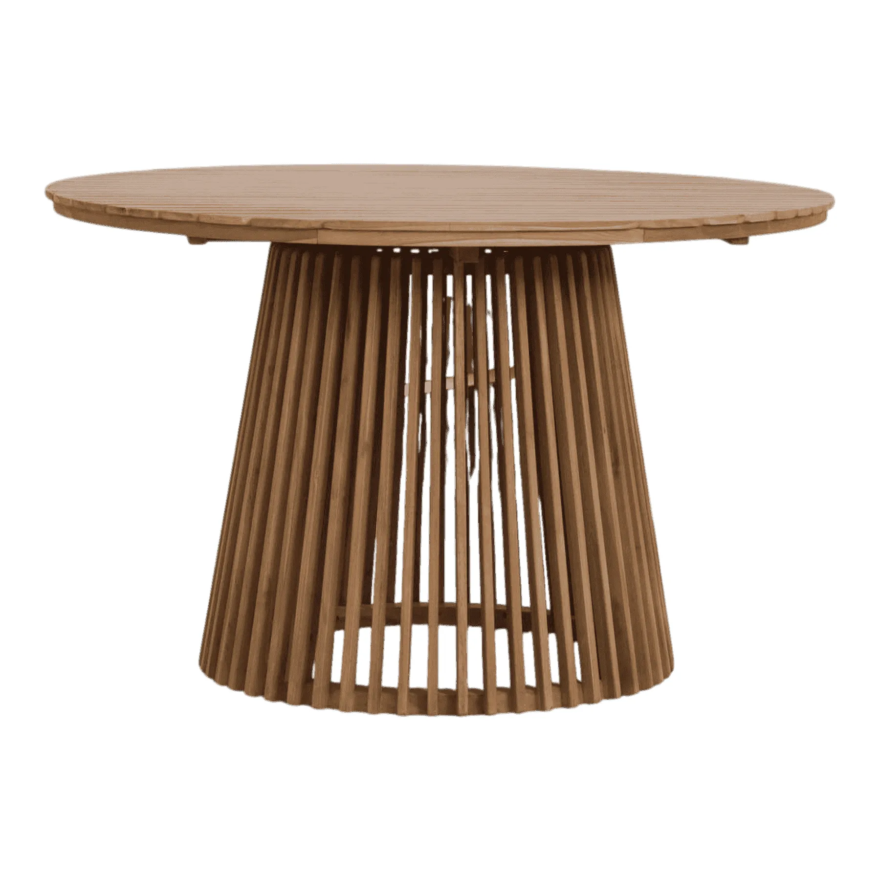 Round wooden dining table with slatted base