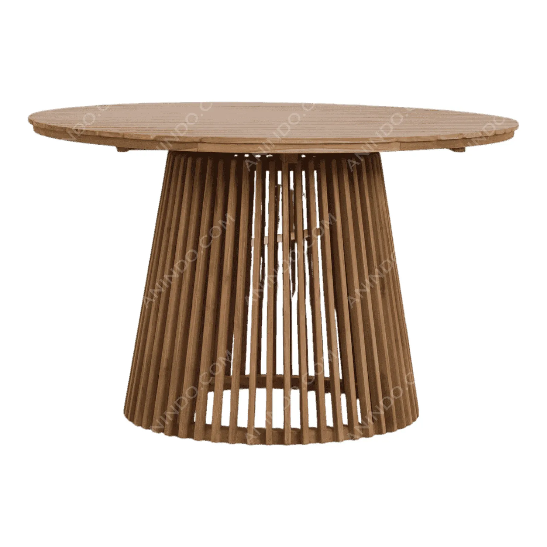 Round wooden dining table with slatted base