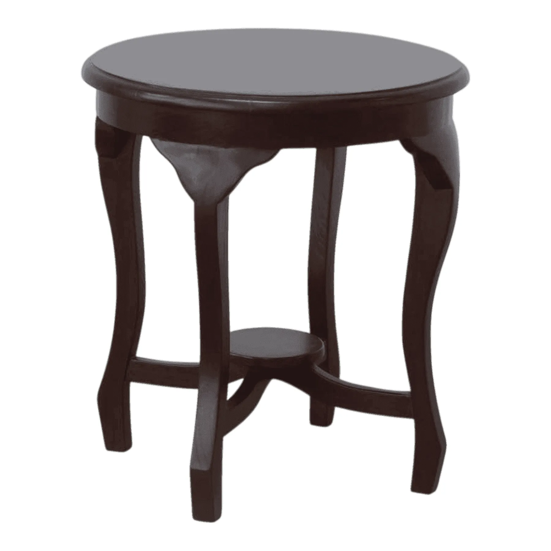 Round dark wood side table with lower shelf