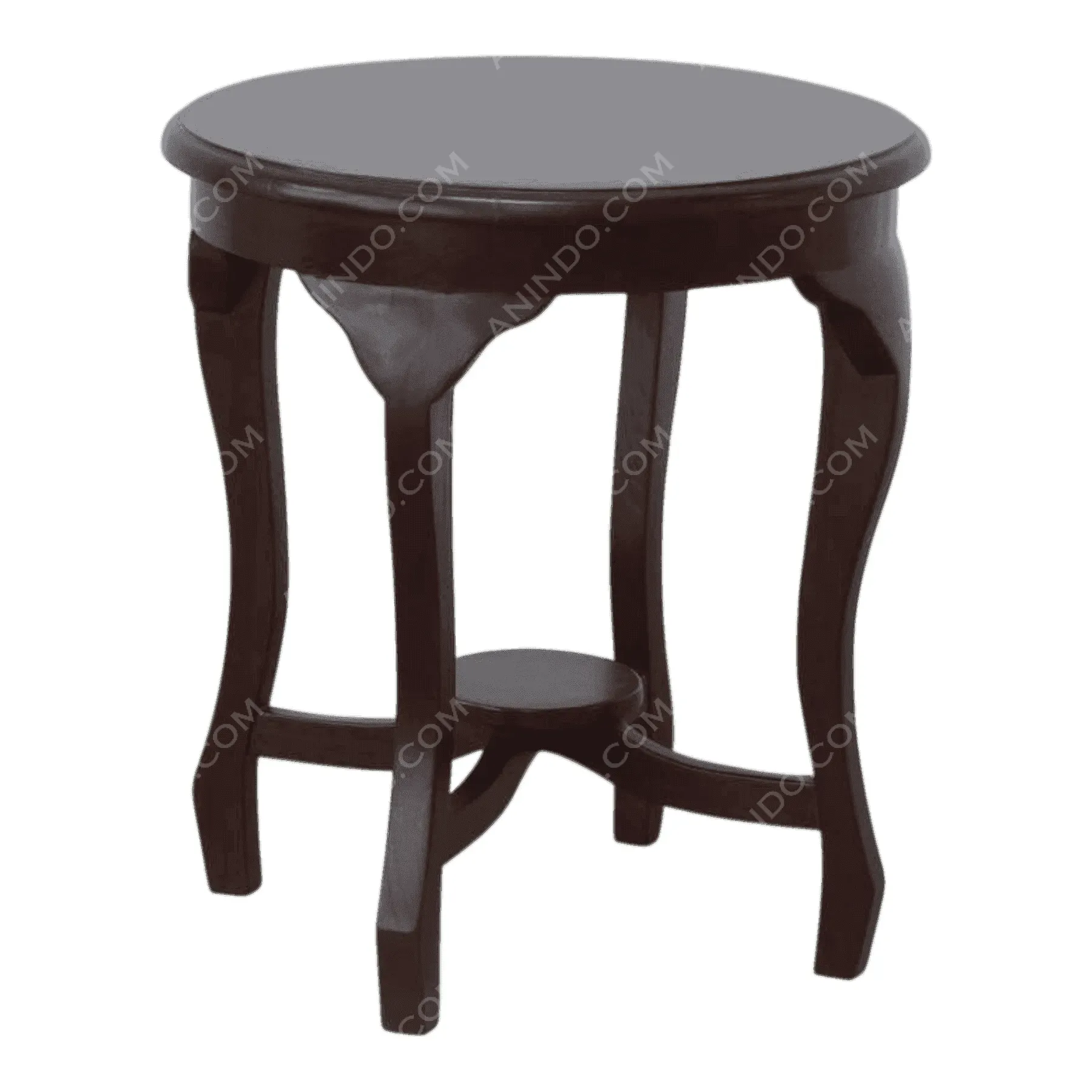 Round dark wood side table with lower shelf
