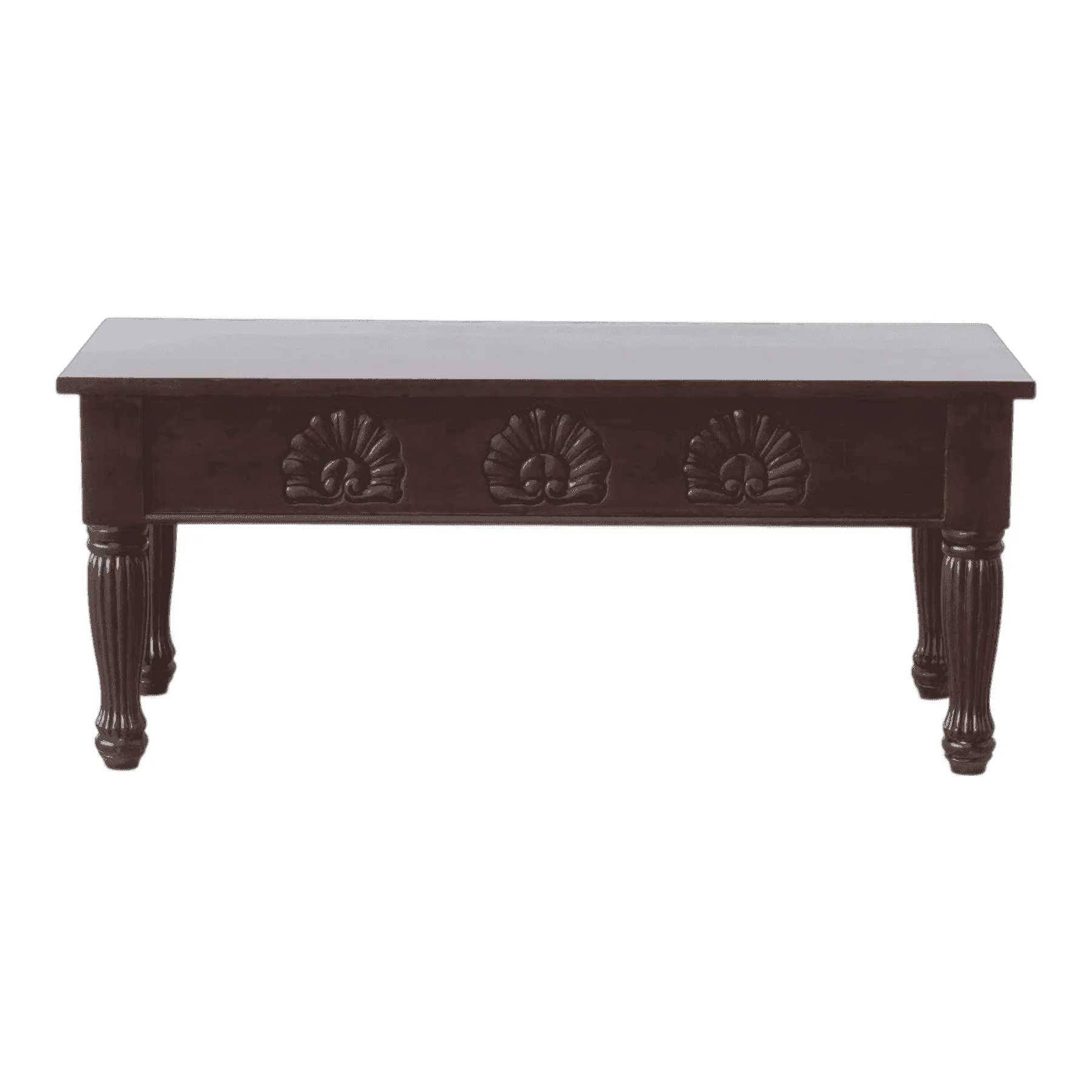 Dark wooden coffee table with carved floral design