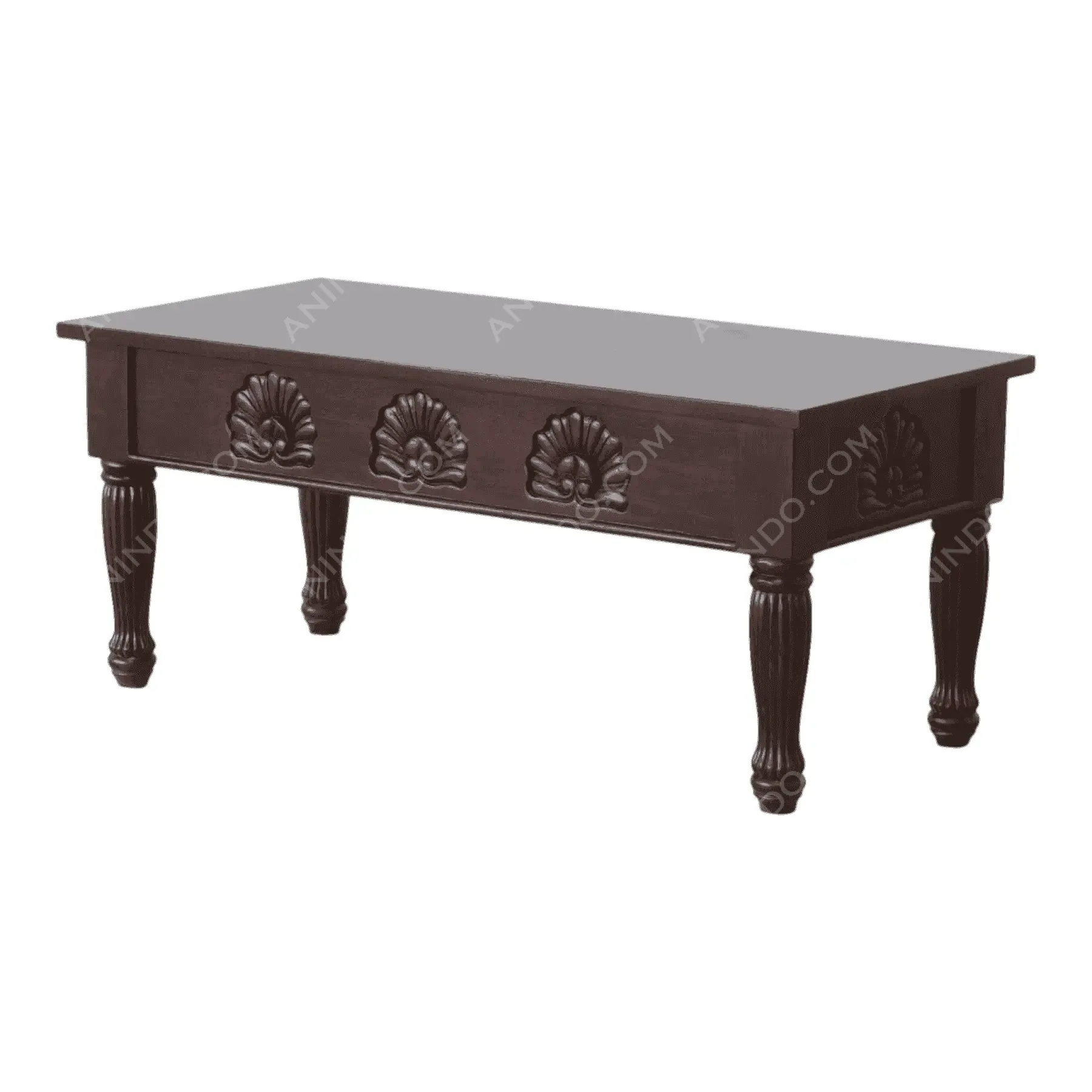Dark wooden carved coffee table with ornate legs
