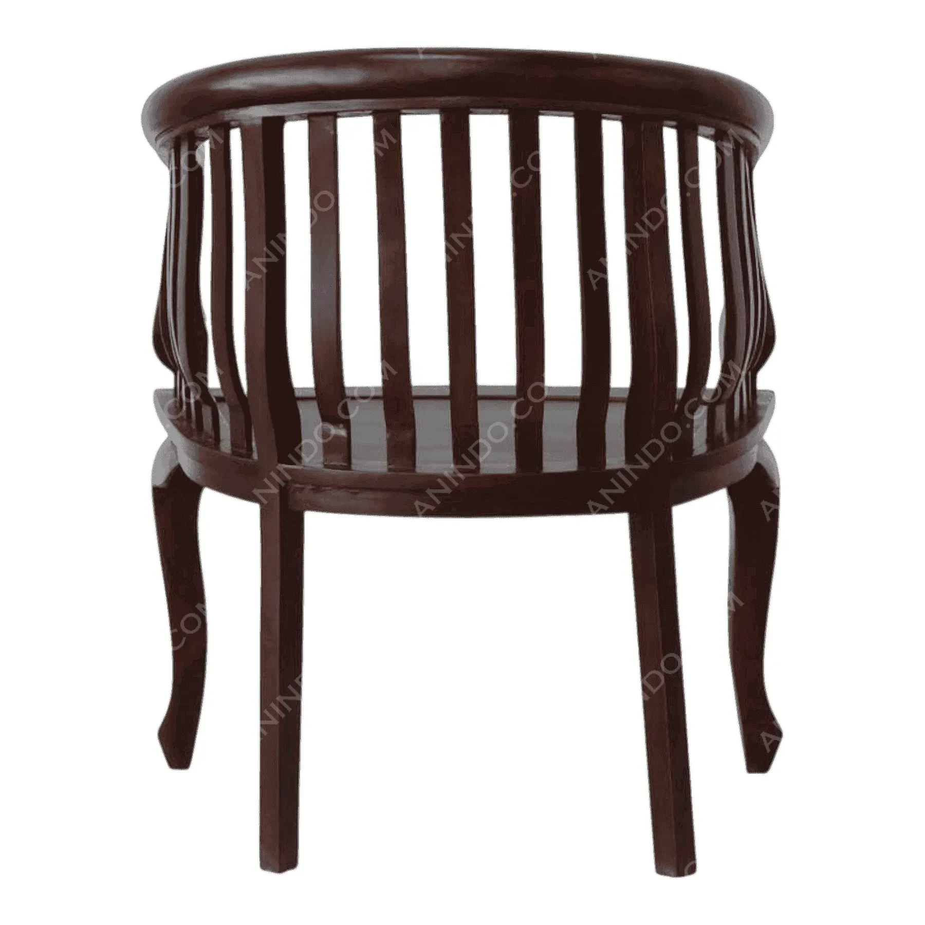 Dark wooden round-back chair with slatted design
