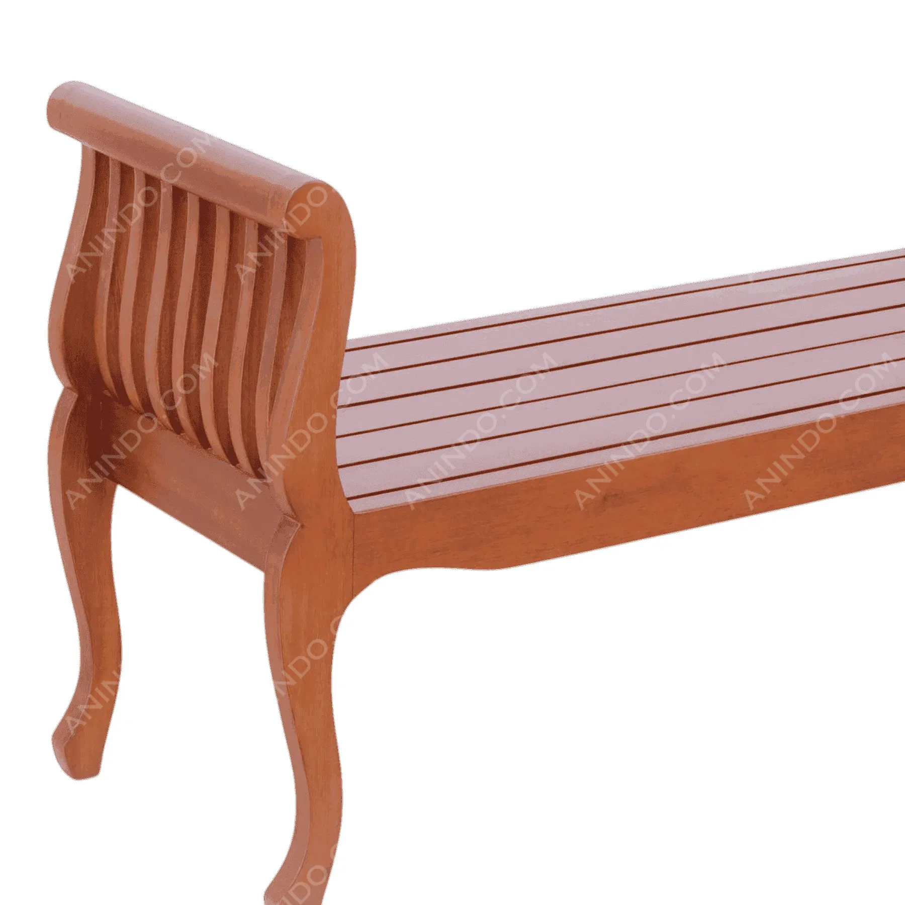 Wooden bench with slatted seat and curved legs