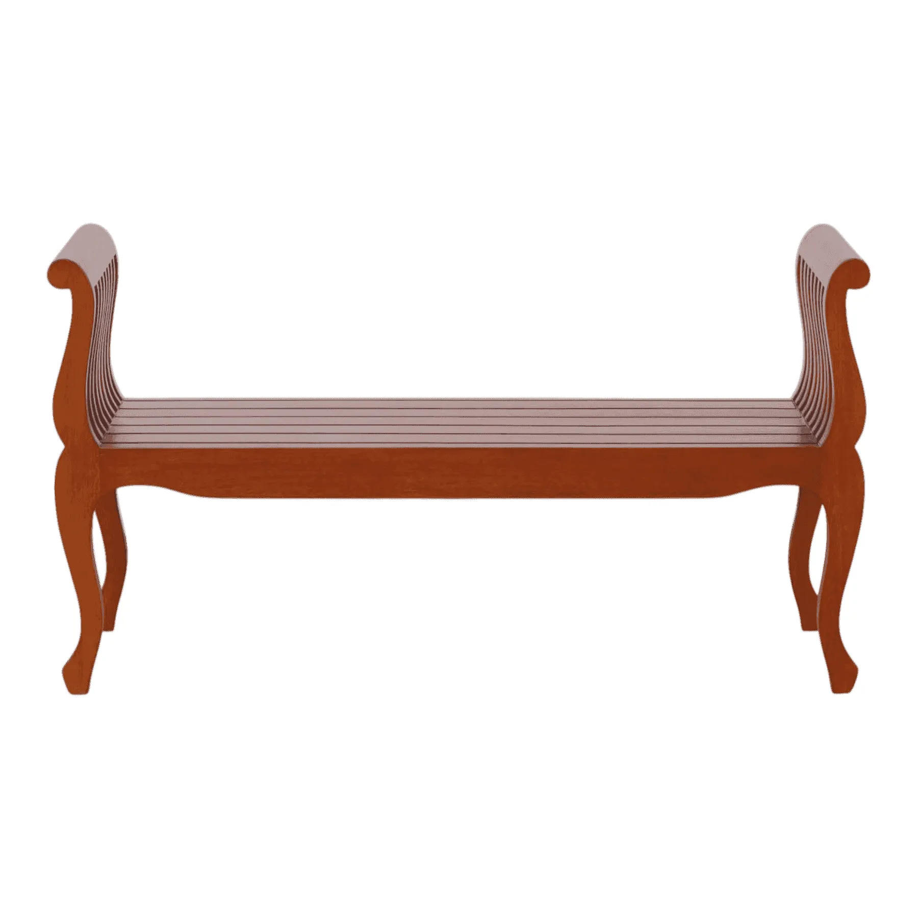 Wooden bench with curved armrests