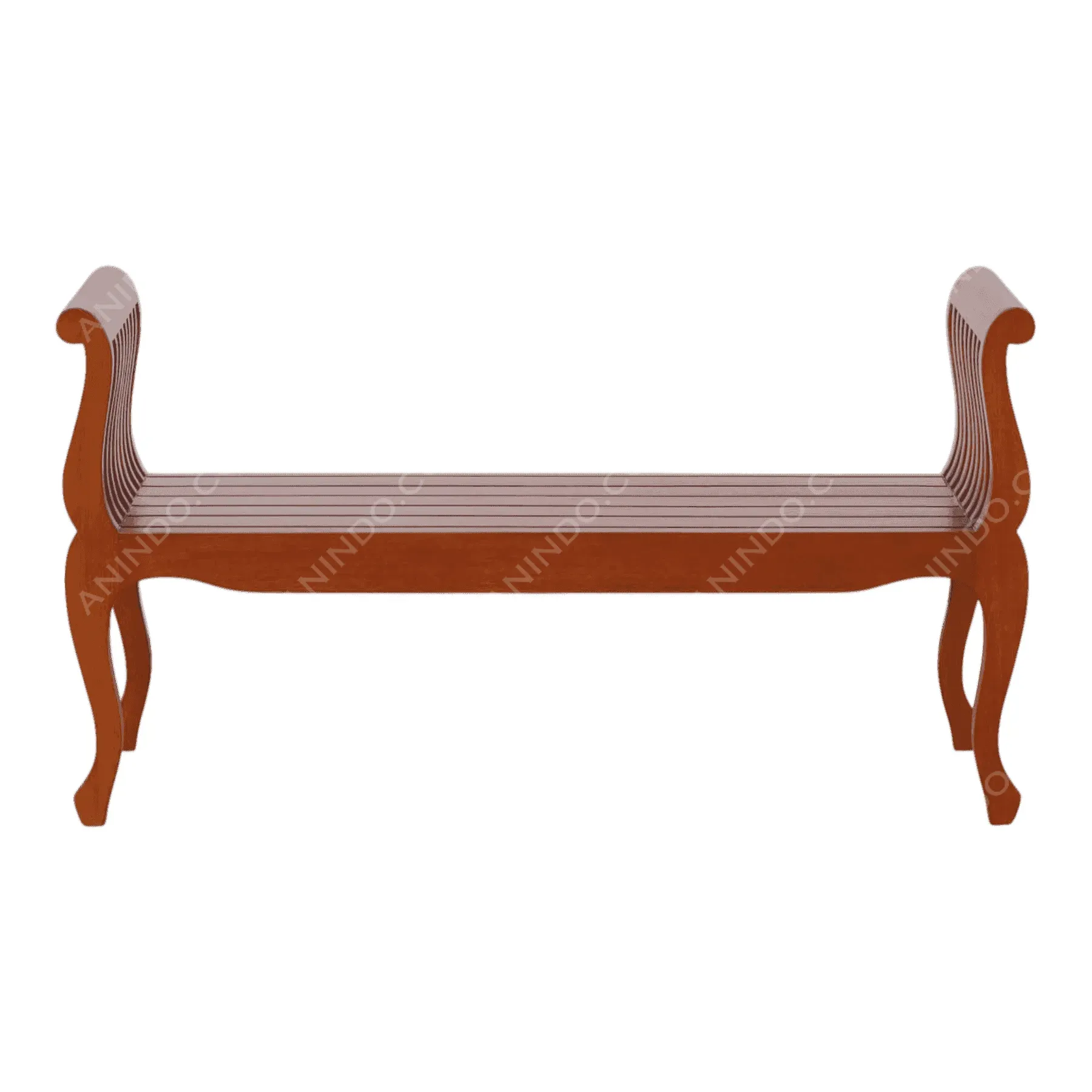 Wooden bench with curved armrests