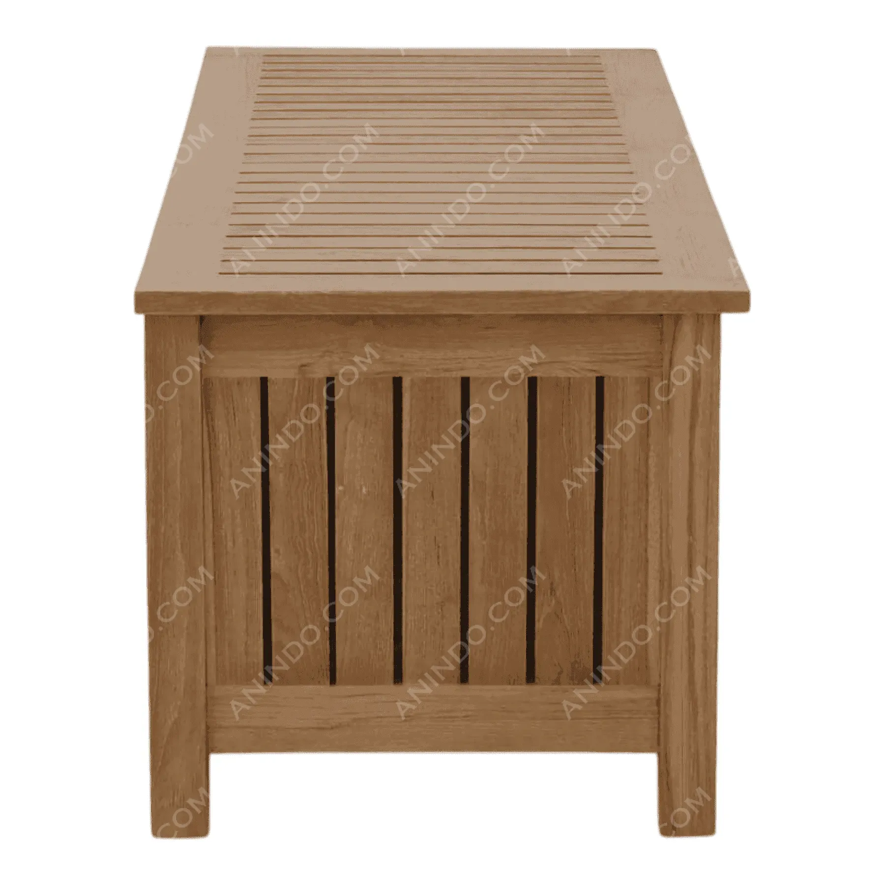 Wooden slatted storage bench front view