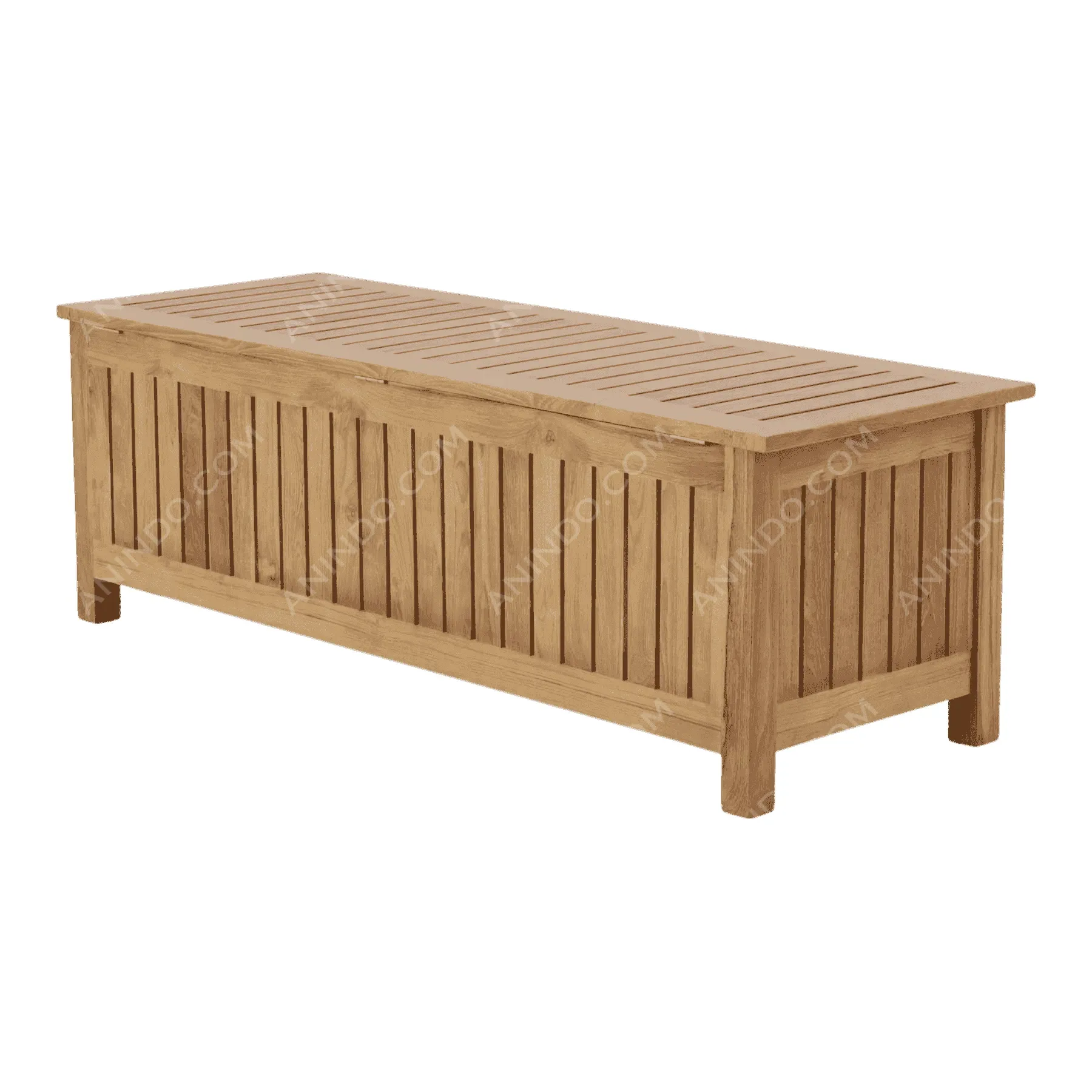 Wooden outdoor storage bench with slatted design