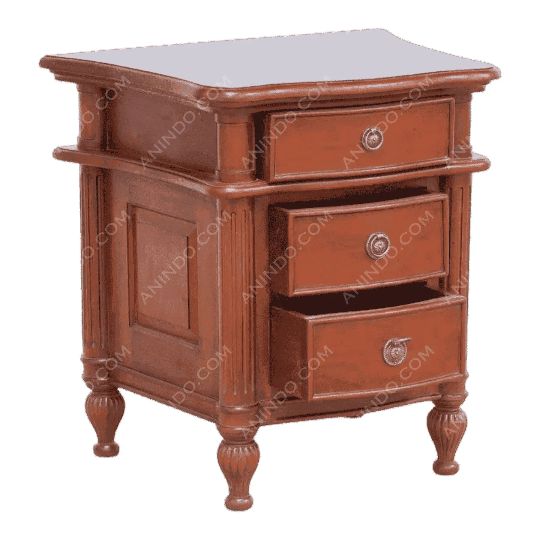 Wooden bedside table with three drawers
