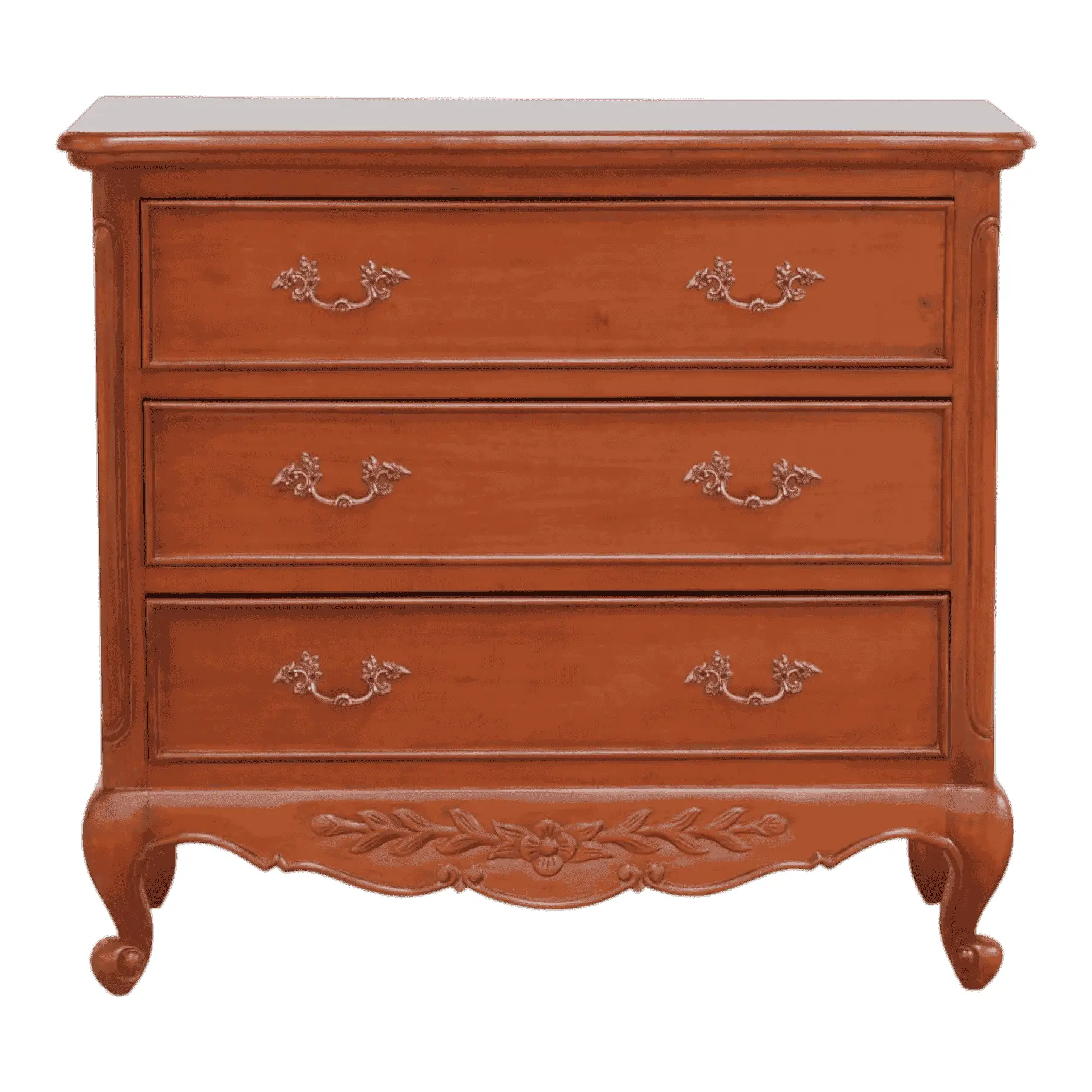 Wooden dresser with three drawers and ornate handles