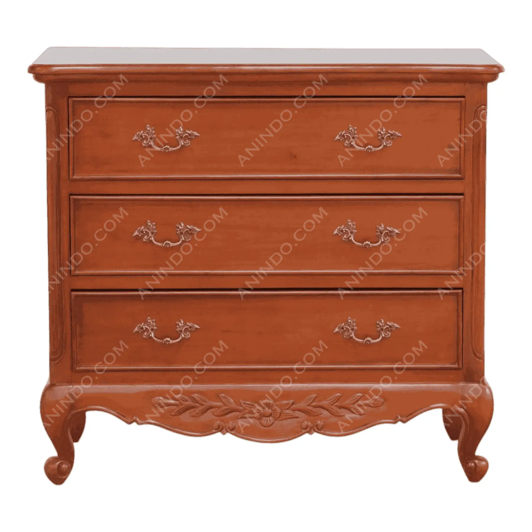 Wooden dresser with three drawers and ornate handles