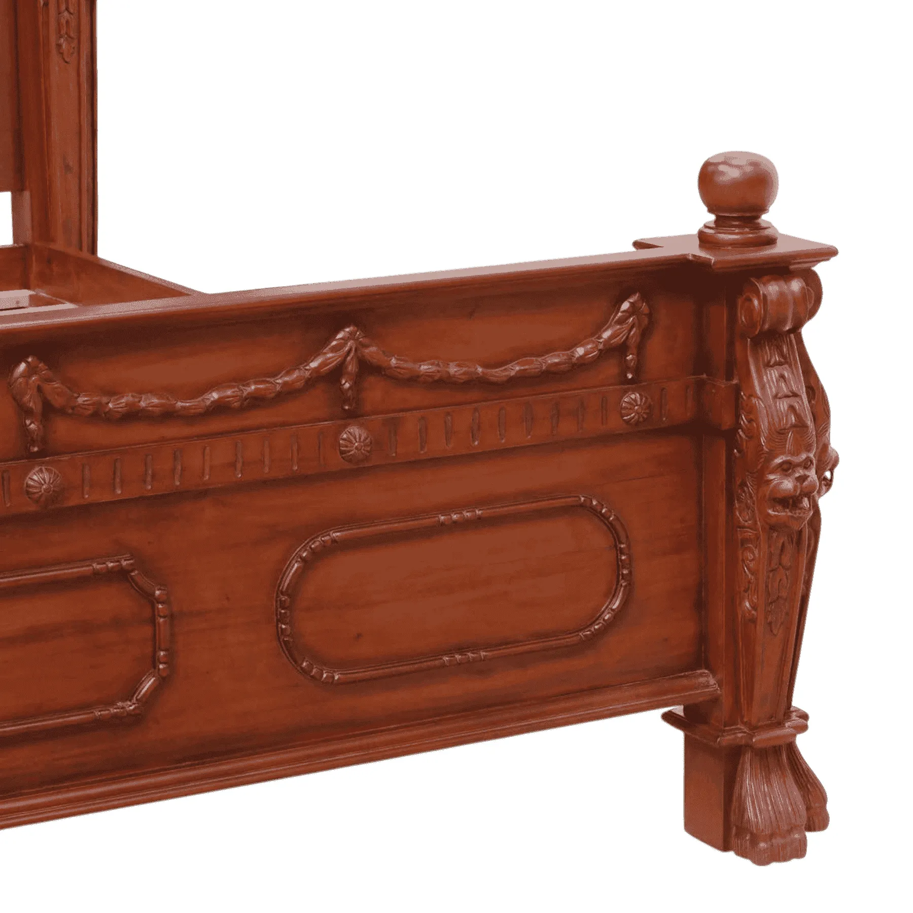Ornate carved wooden bed frame corner detail