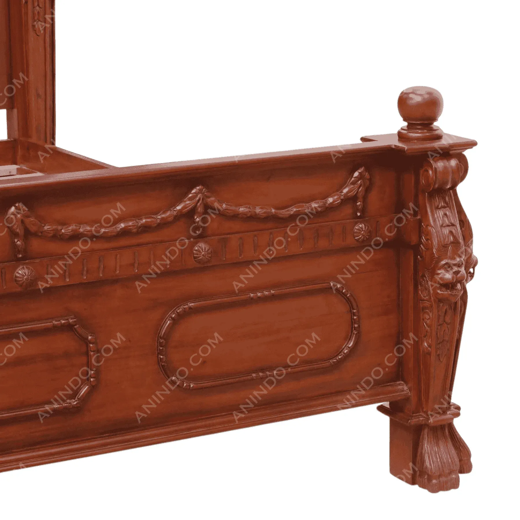 Ornate carved wooden bed frame corner detail
