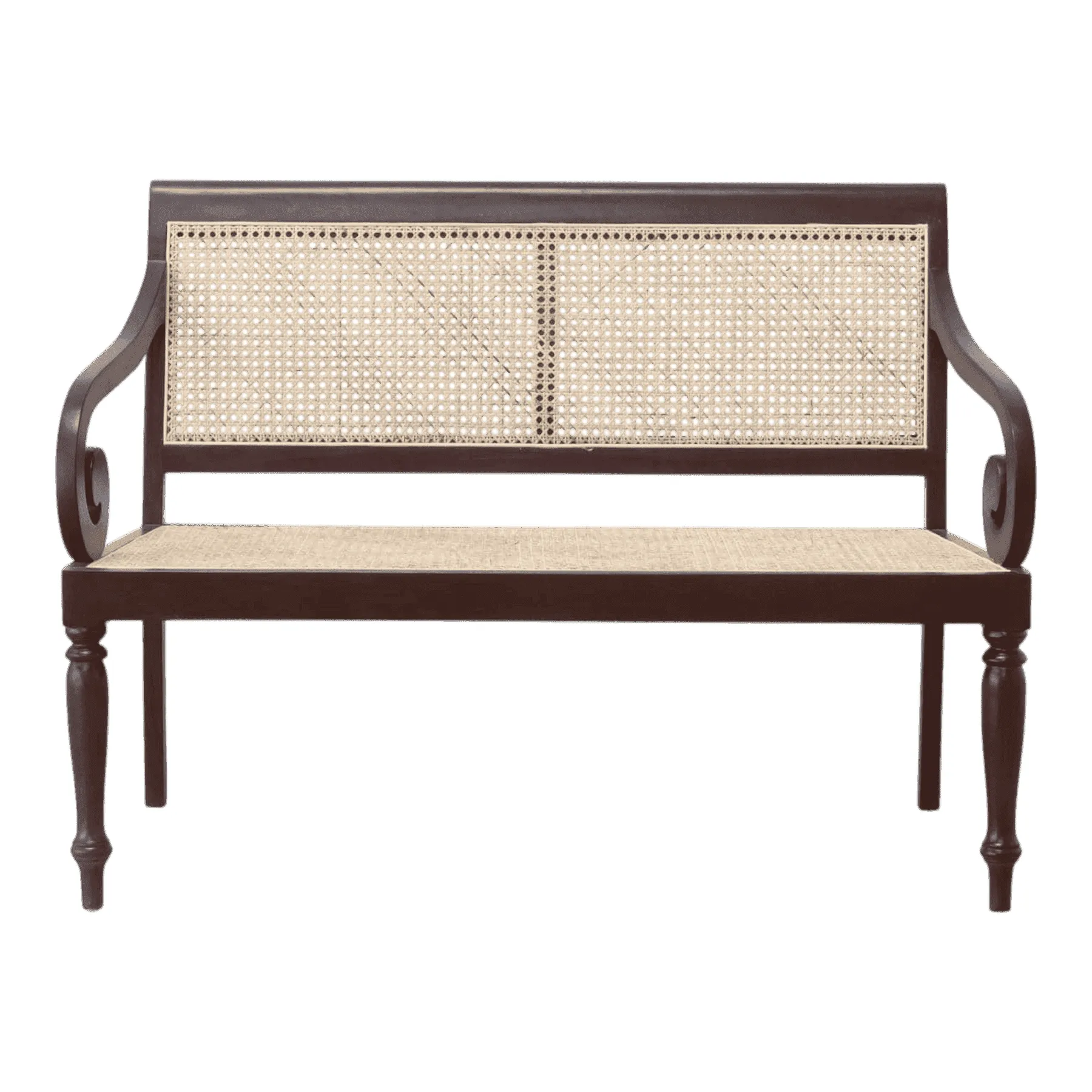 Wooden bench with woven cane seat