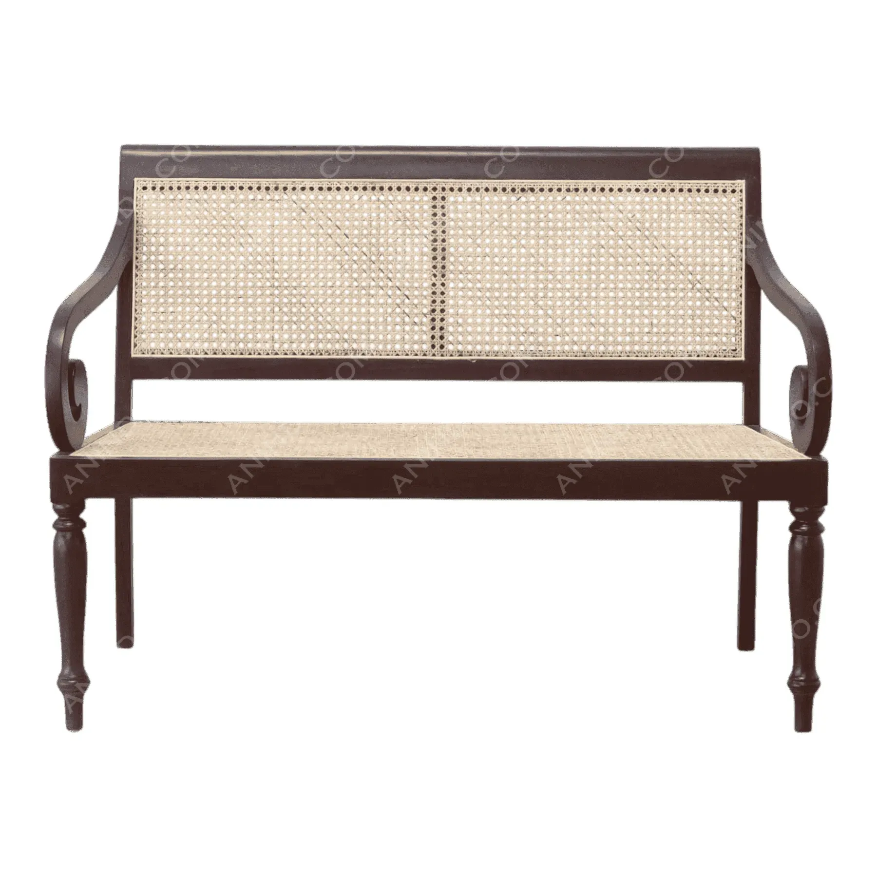 Wooden bench with woven cane seat