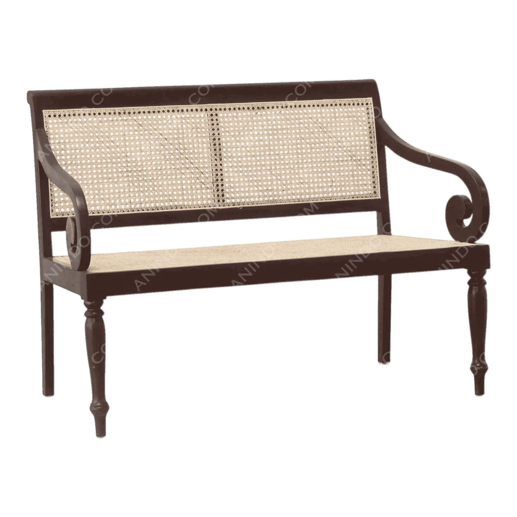 Wooden bench with woven cane backrest
