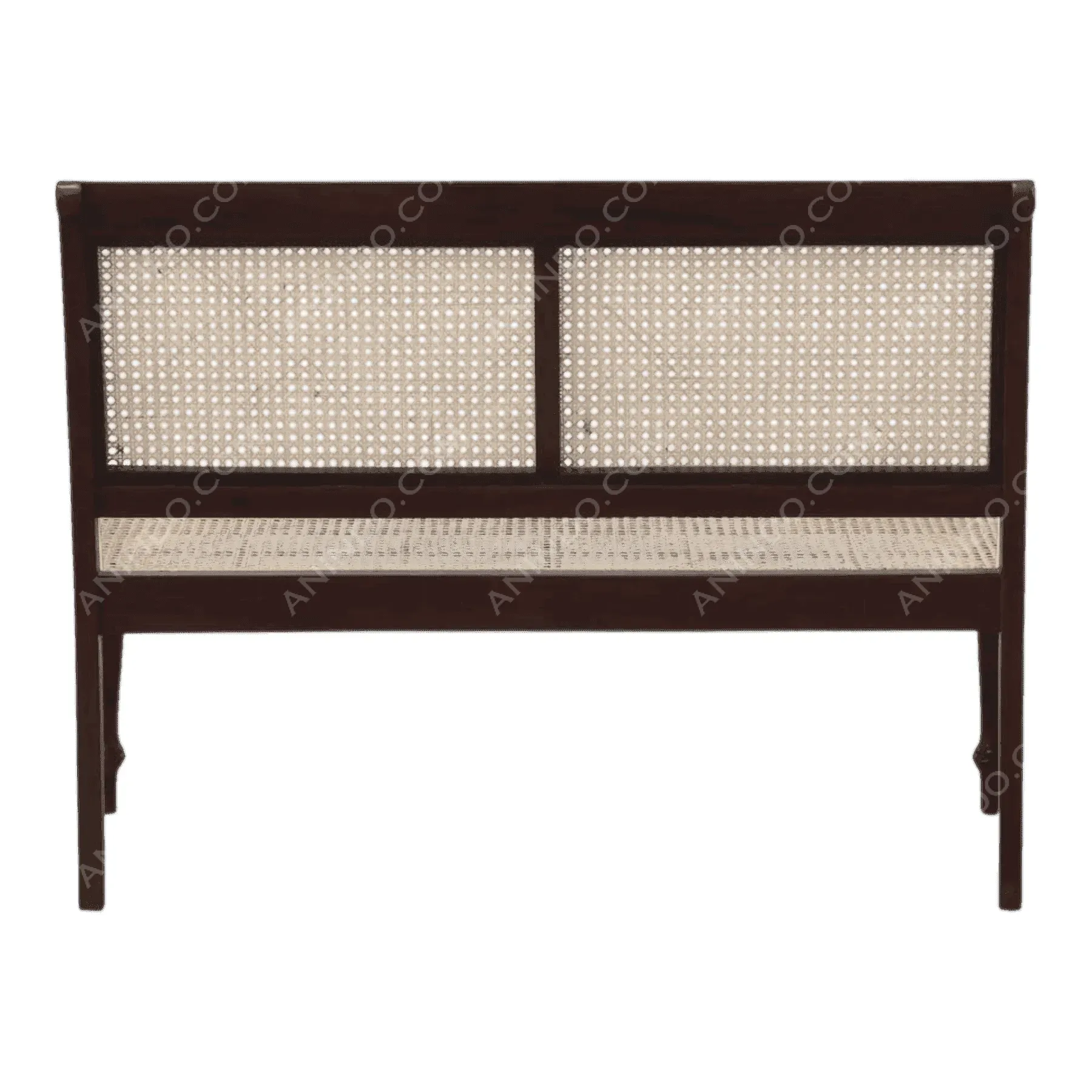 Wooden bench with woven cane seat and back